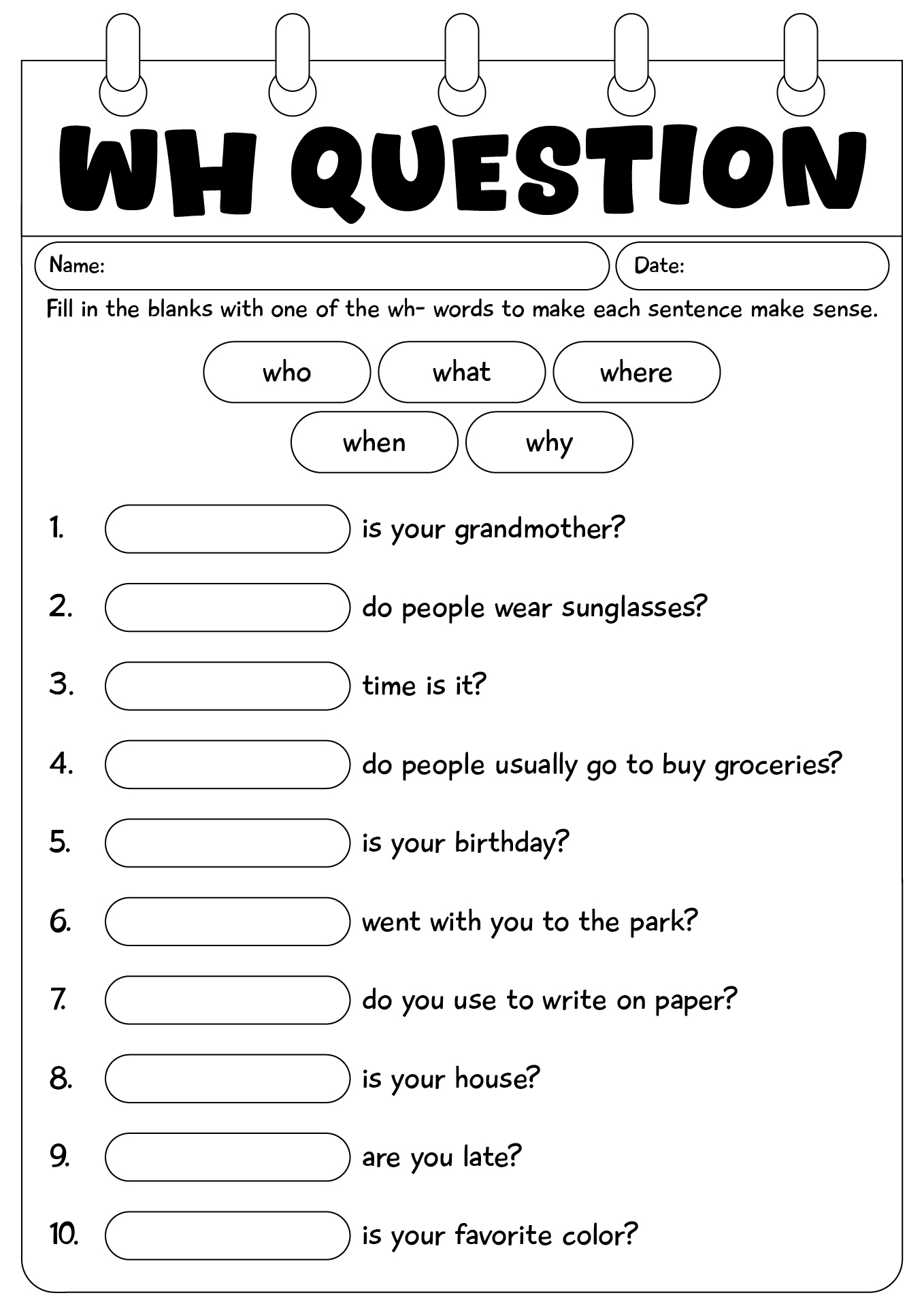 WH Question Words Worksheets