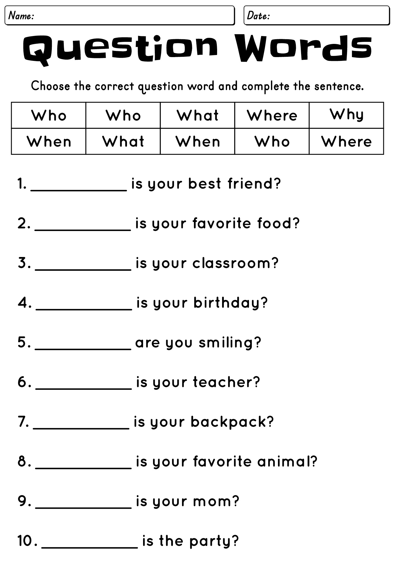 WH Questions Worksheet Practice