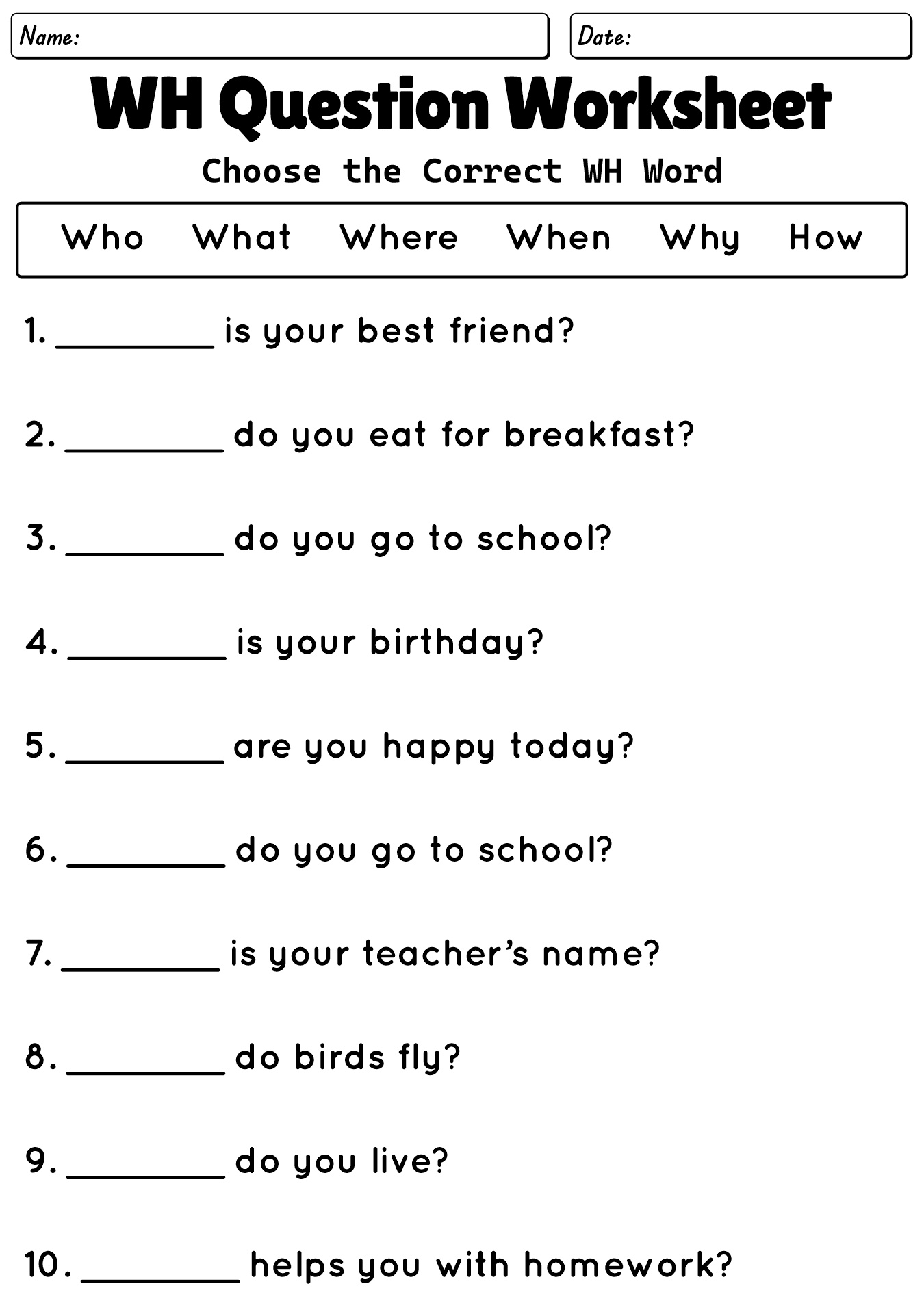 WH Questions Worksheets
