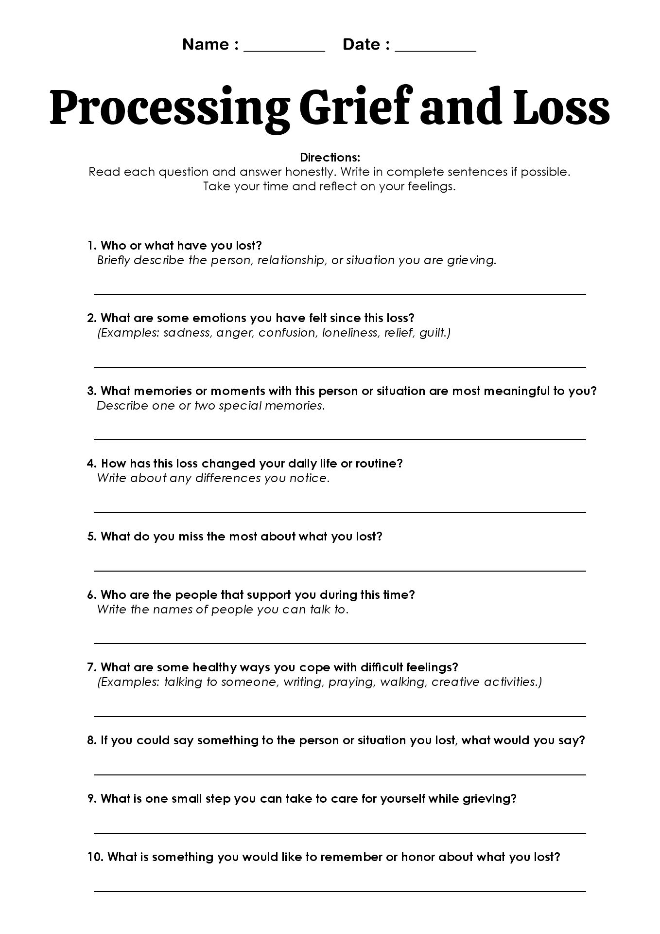 Worksheets for Processing Grief and Loss