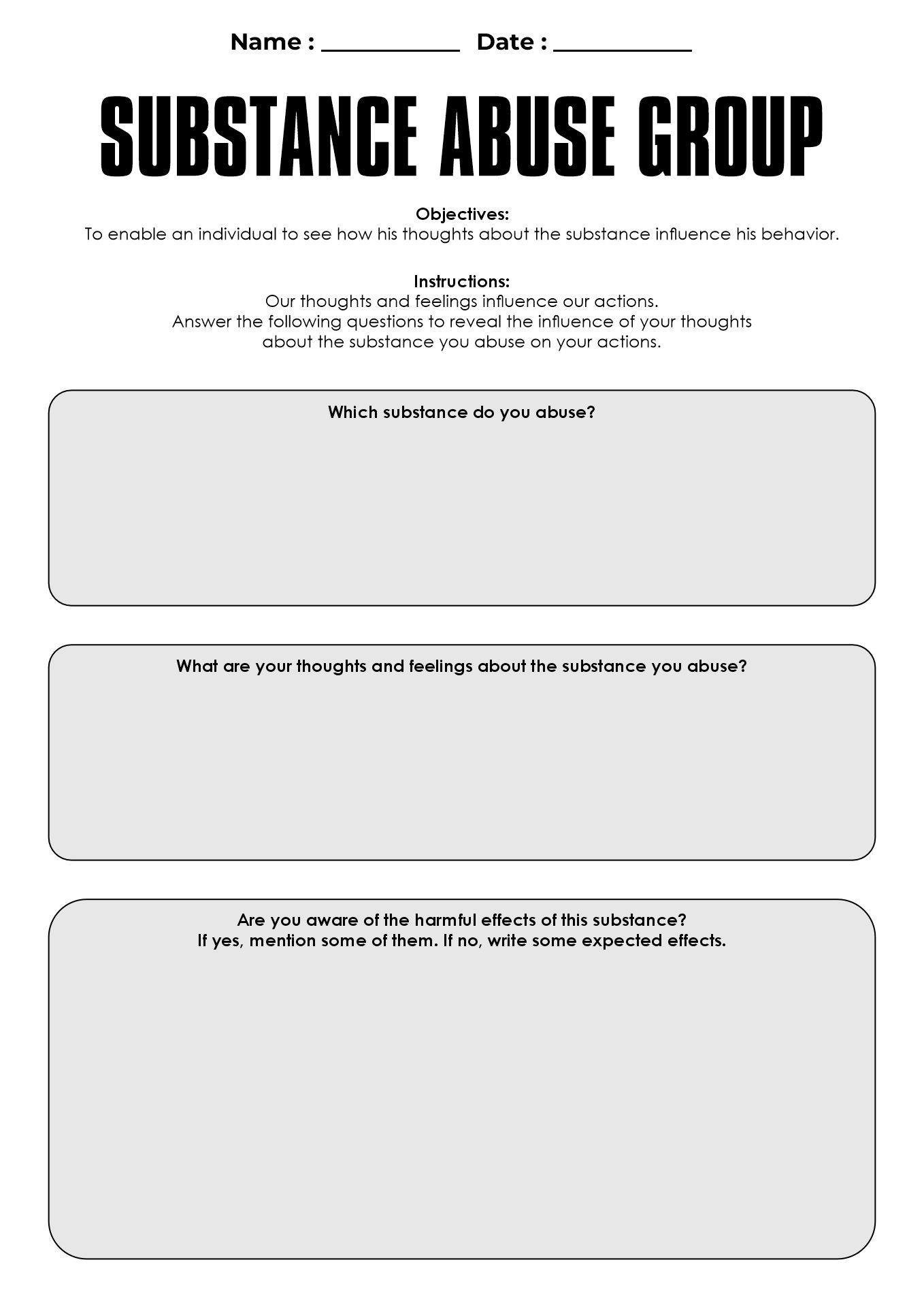 Worksheets for Substance Abuse Group Therapy