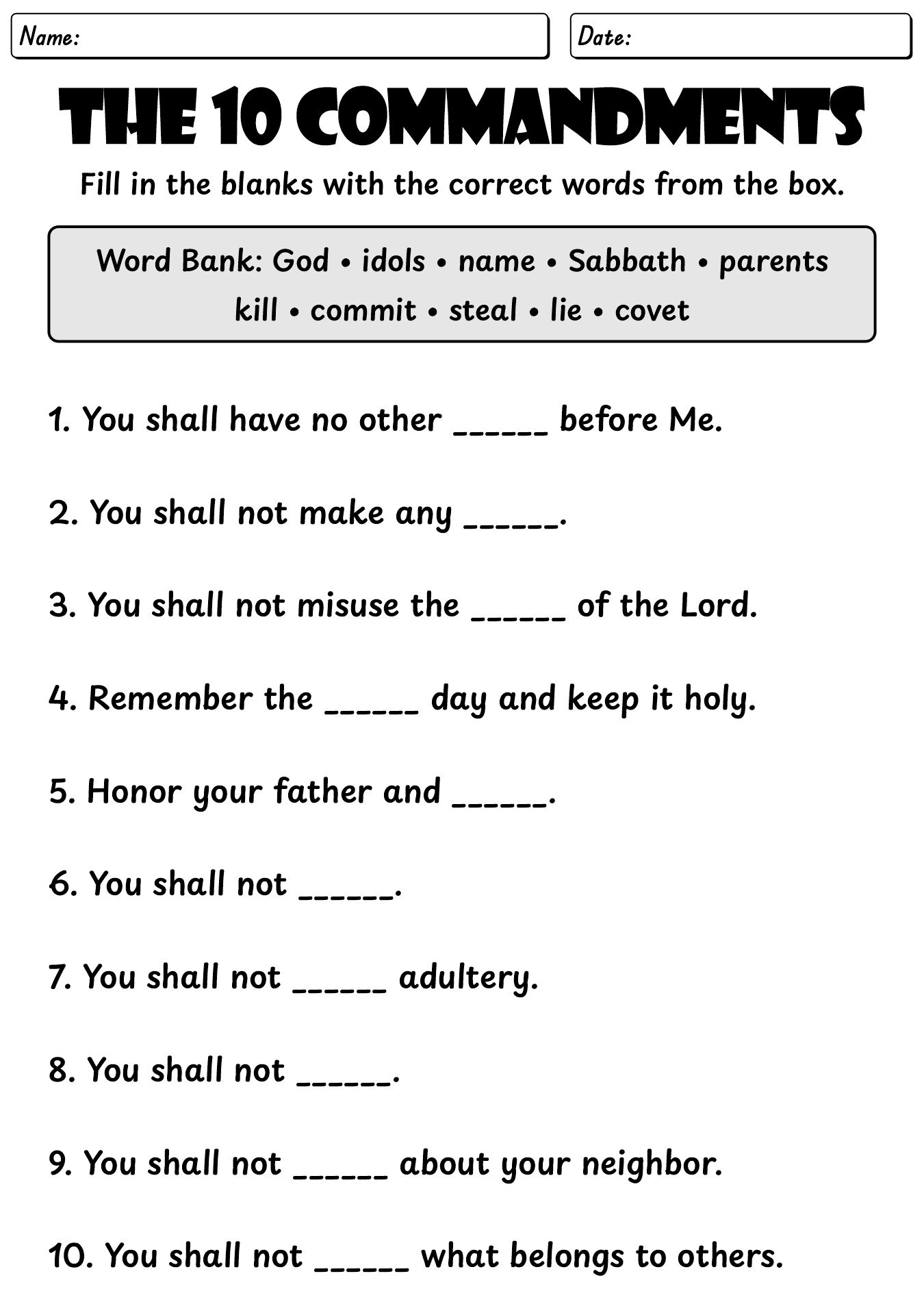 10 Commandment Worksheet For Kids