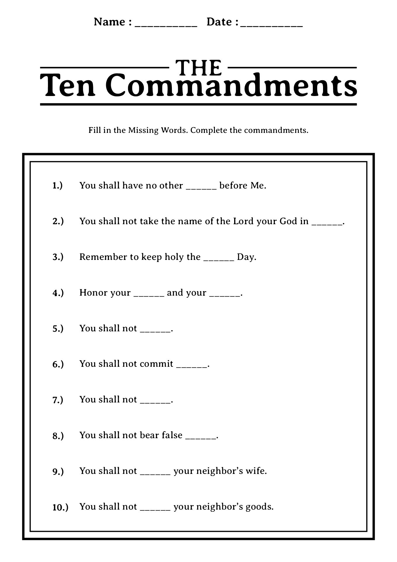 10 Commandments Catholic Kids Activity Sheets