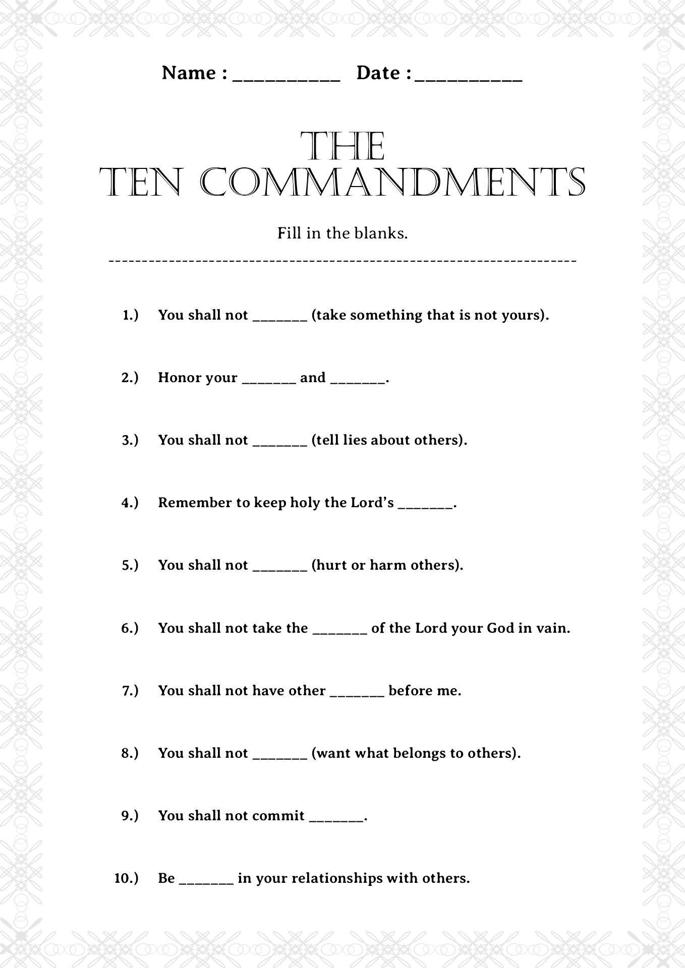 10 Commandments Catholic Worksheet for Kids