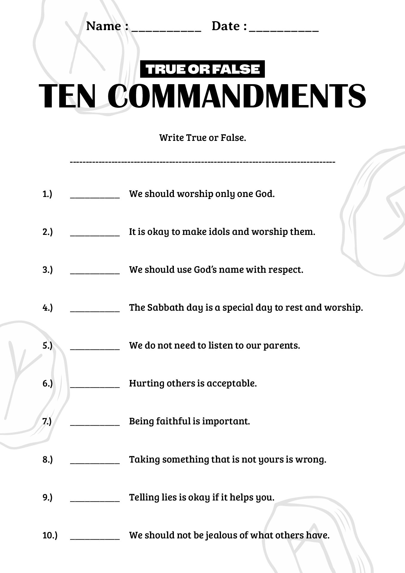 10 Commandments Exercise Sheet