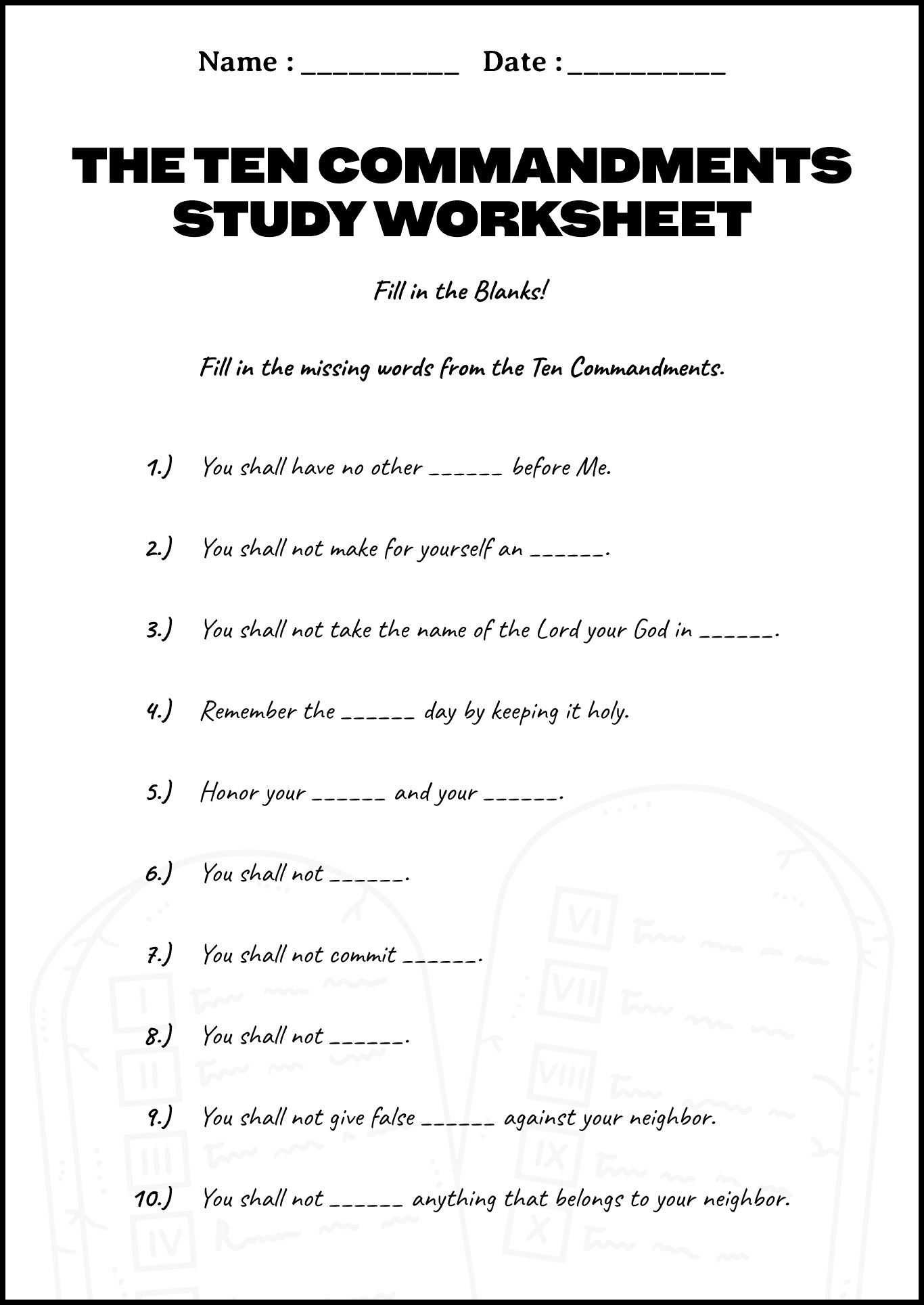 10 Commandments Study worksheet