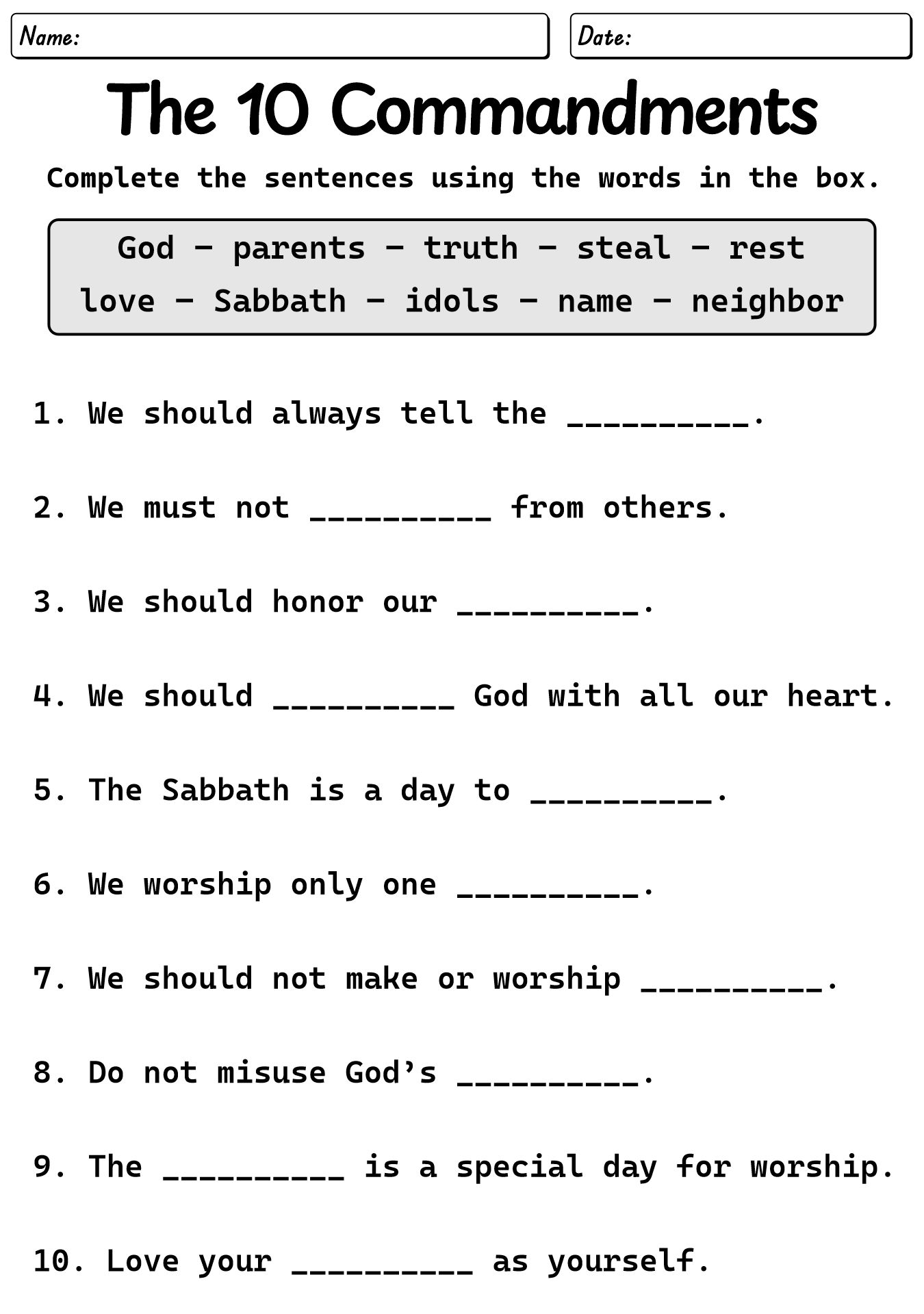 10 Commandments Study Worksheet