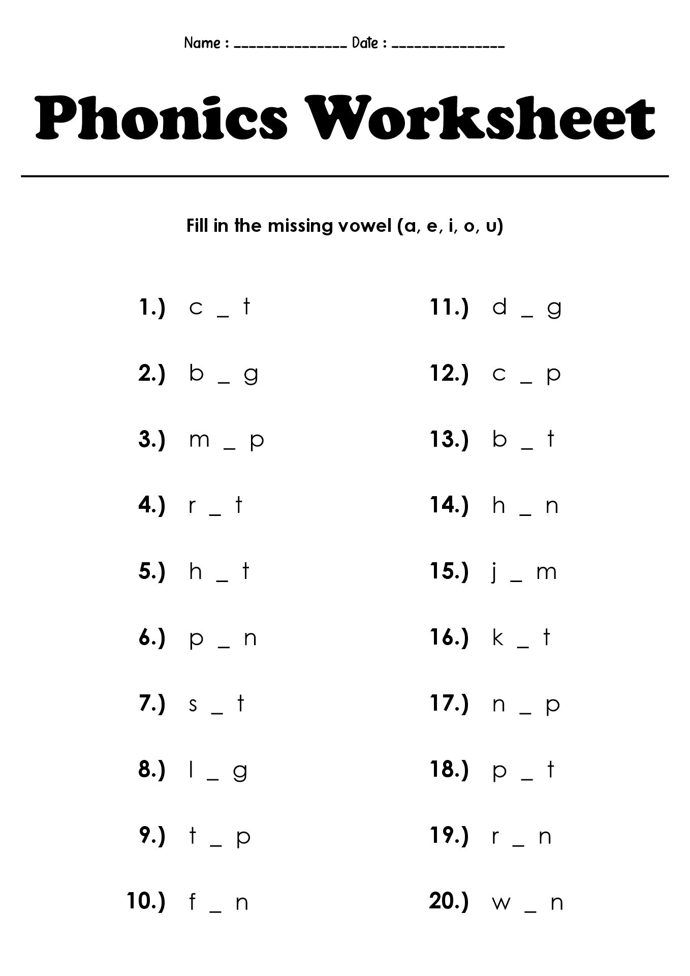 1st Grade Vowel Sound Phonics Worksheets