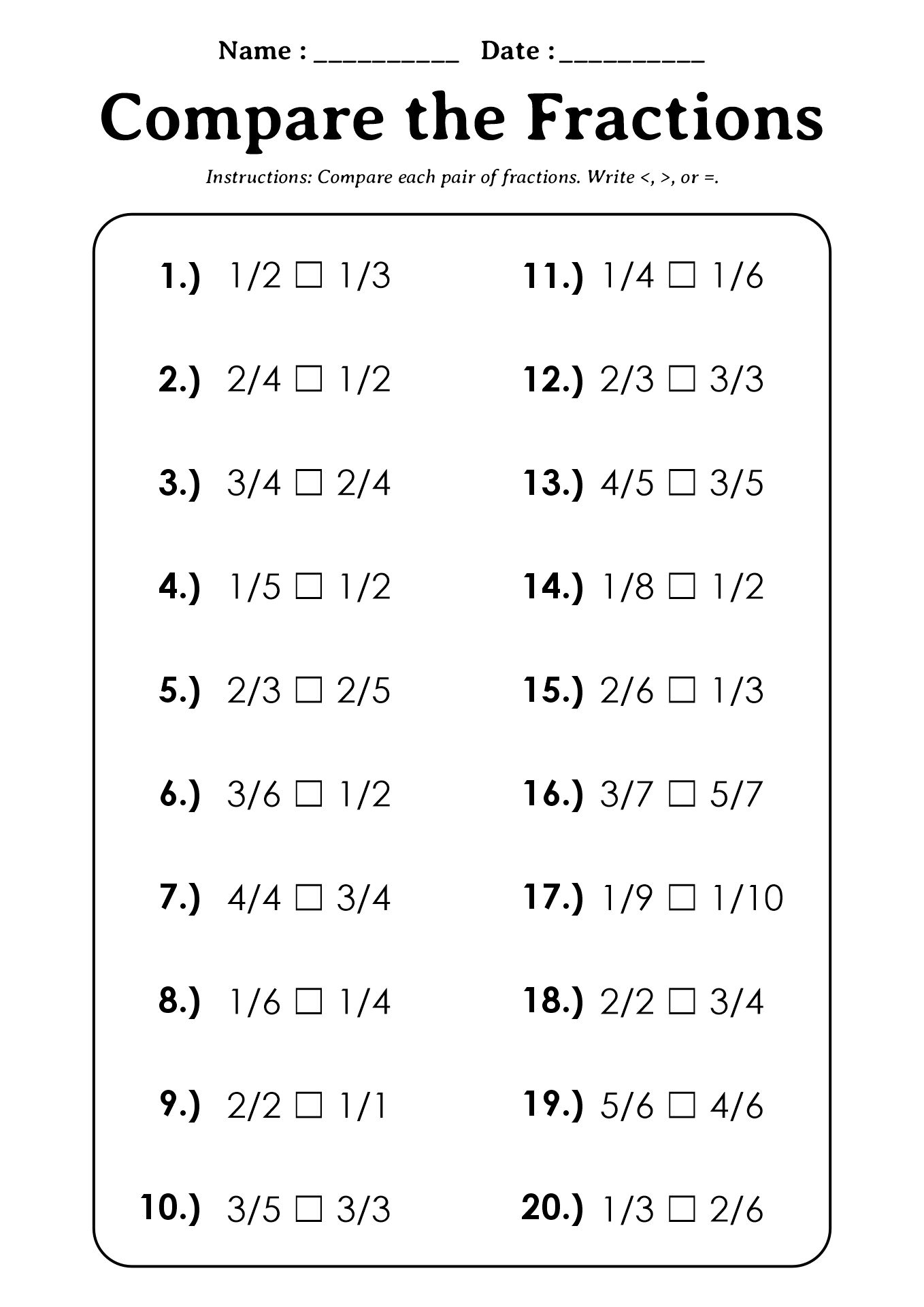 2nd Grade Fraction Comparison Worksheets
