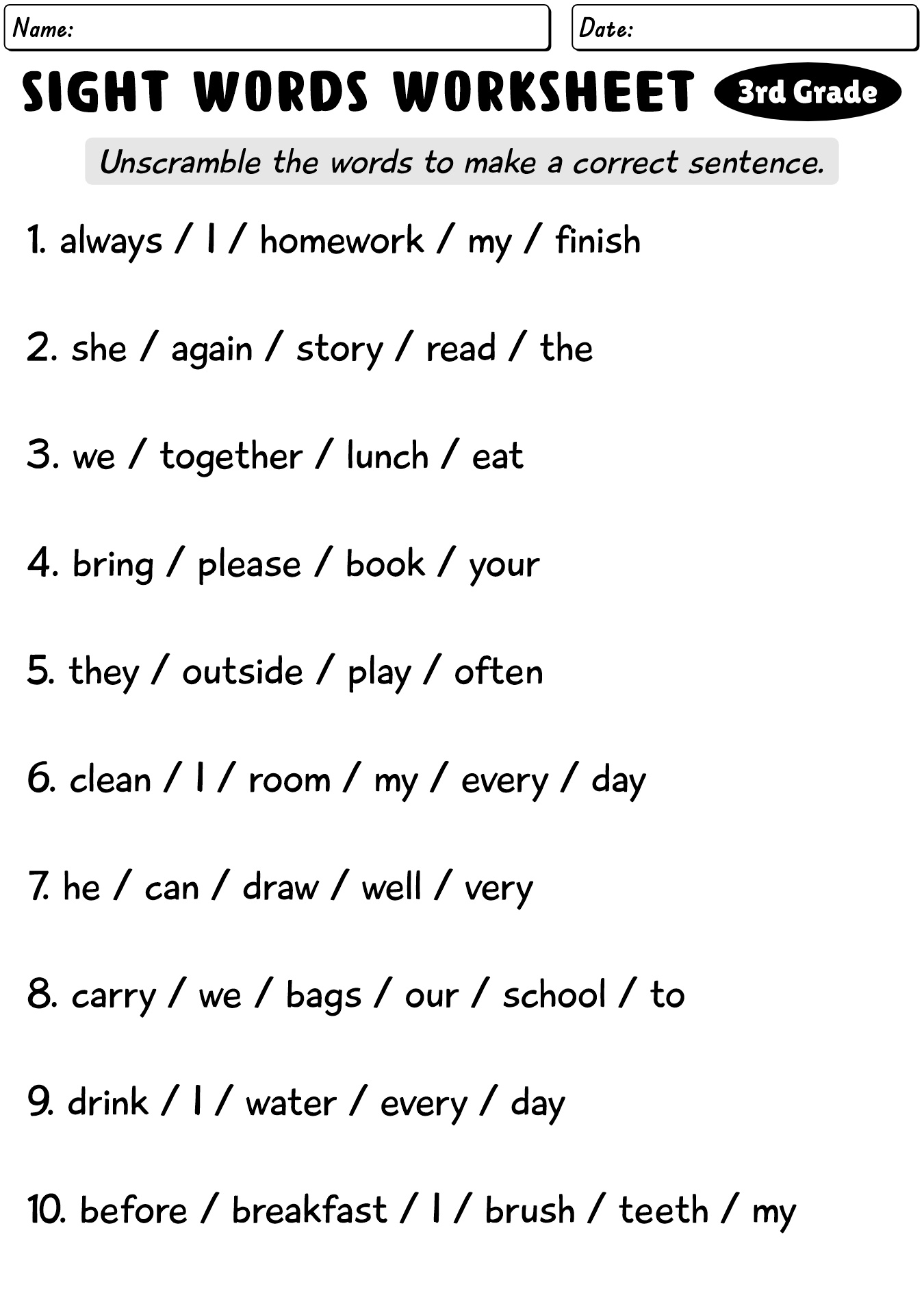 3rd Grade Sight Words Worksheets