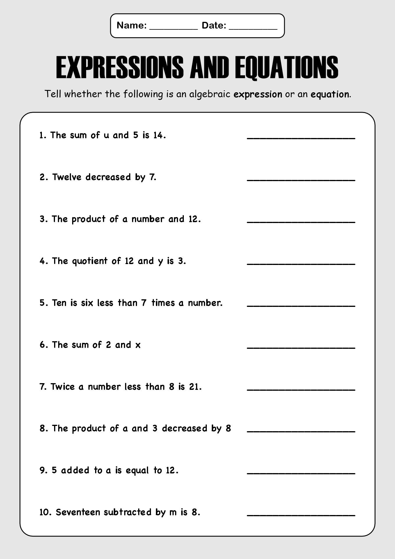 5th Grade Algebra Introduction Worksheets