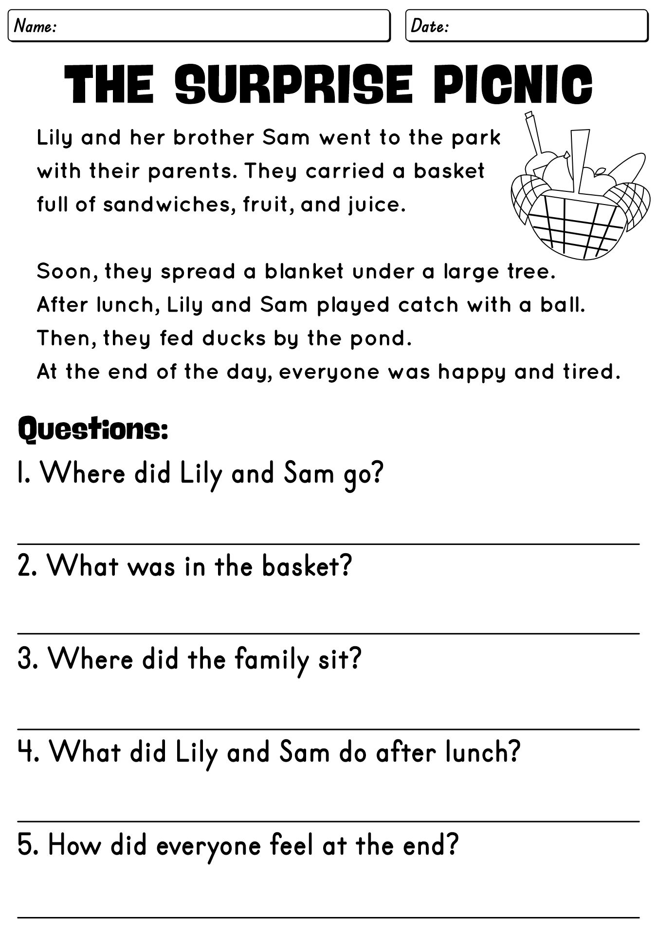5th Grade Fiction Reading Worksheets