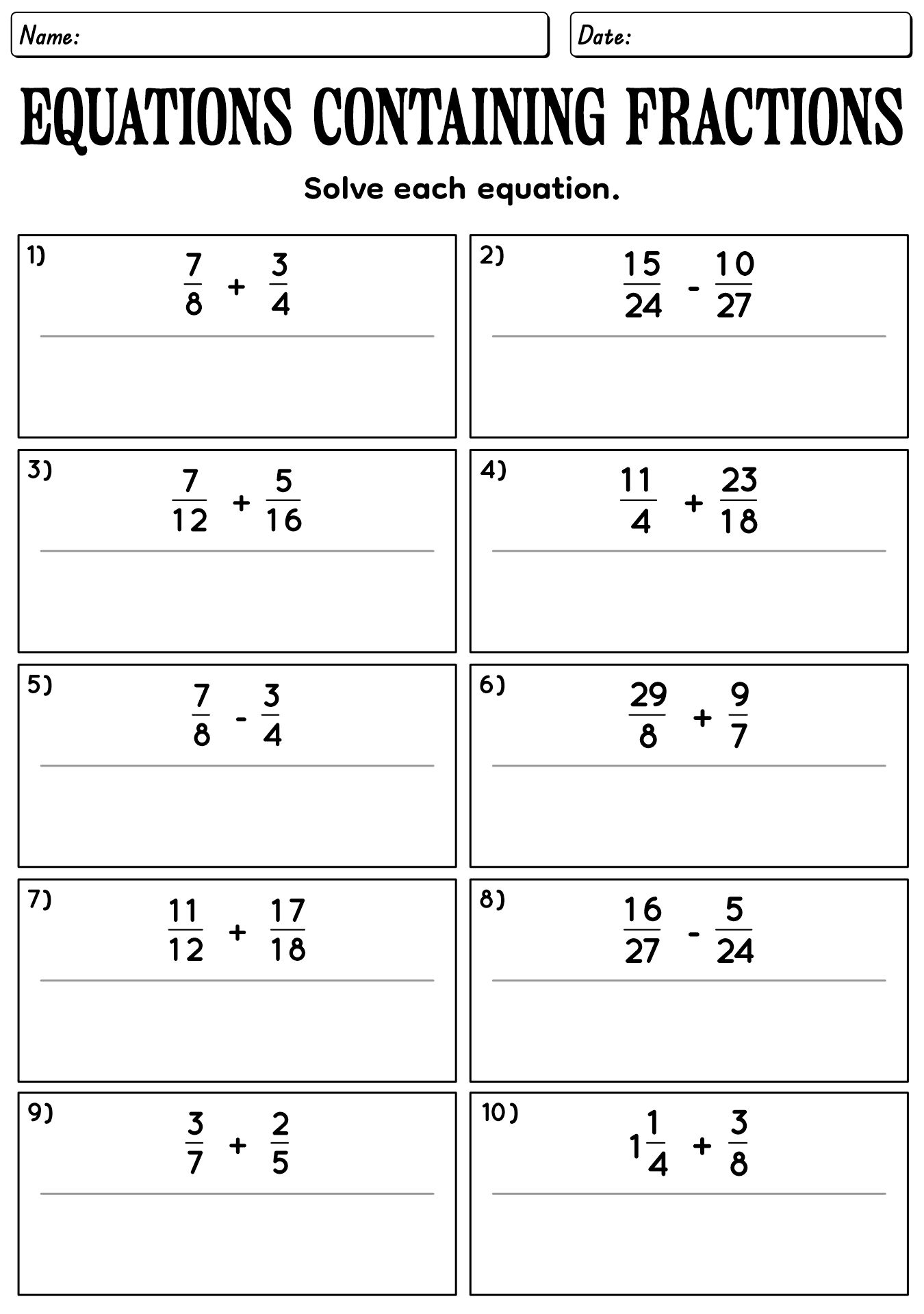 5th Grade Fractions Math Worksheets