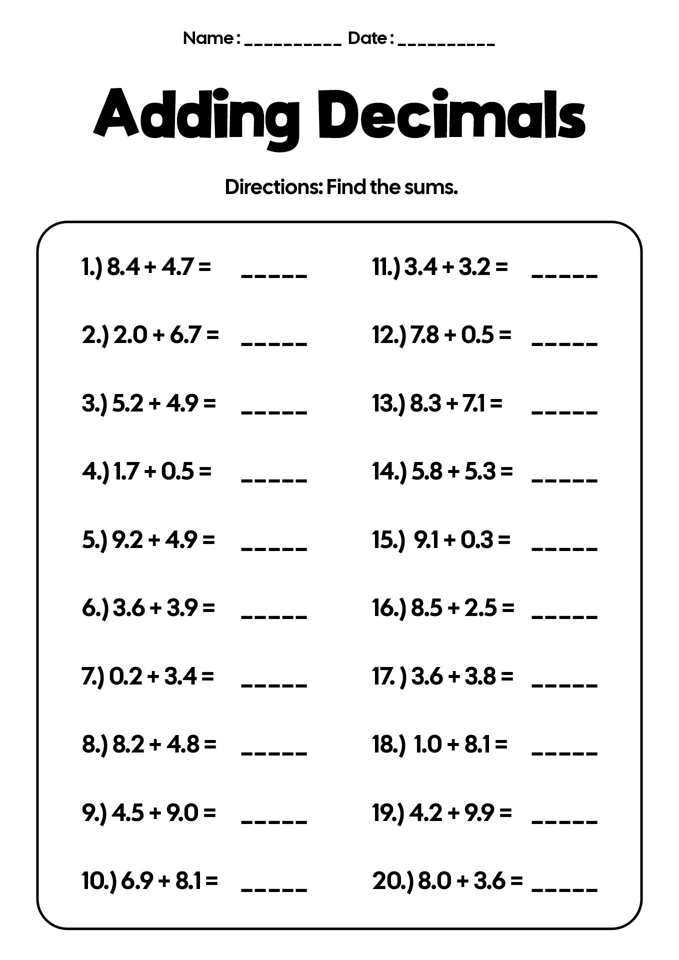 5th Grade Math Practice Sheets