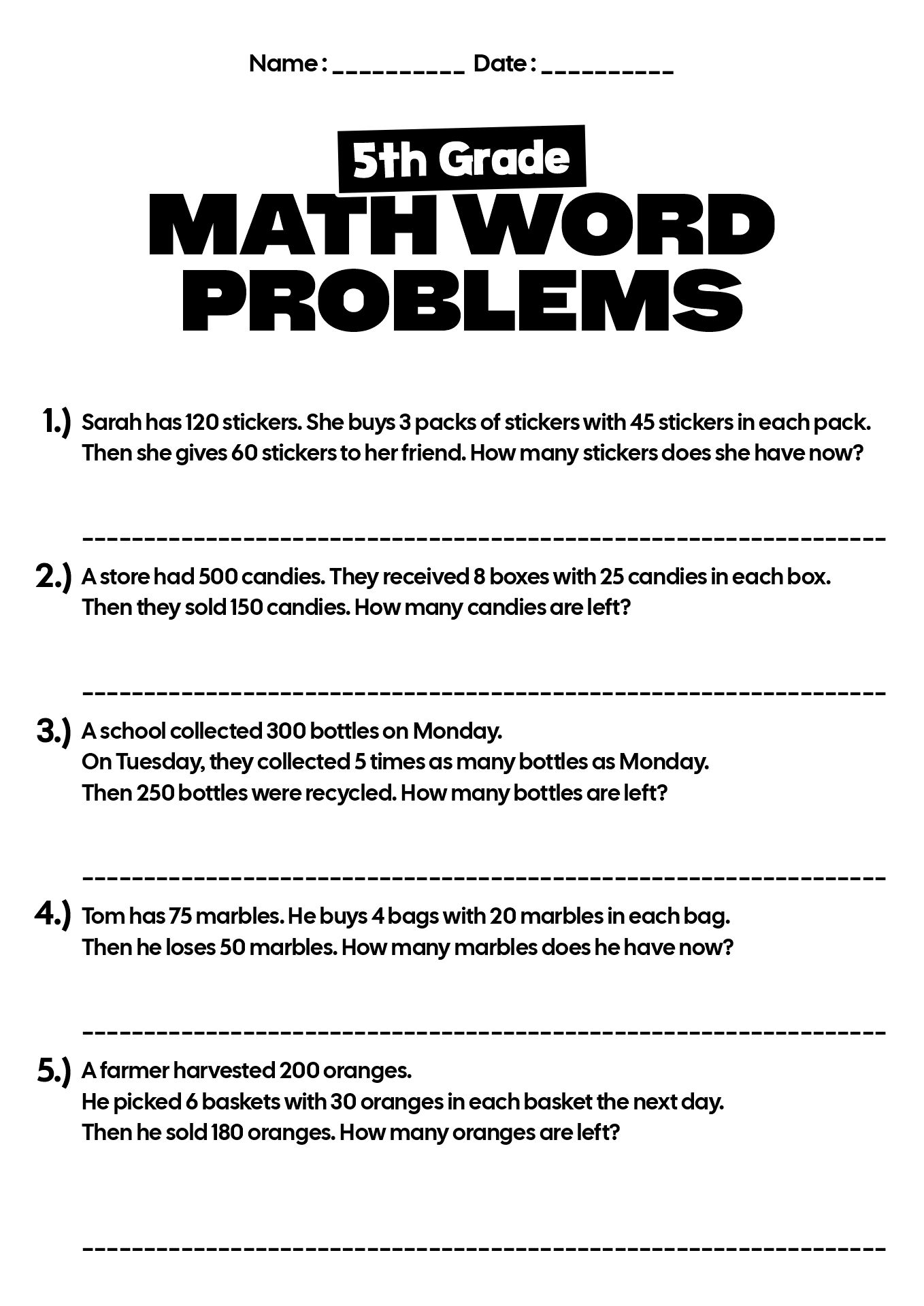 5th Grade Math Word Problems Sheets