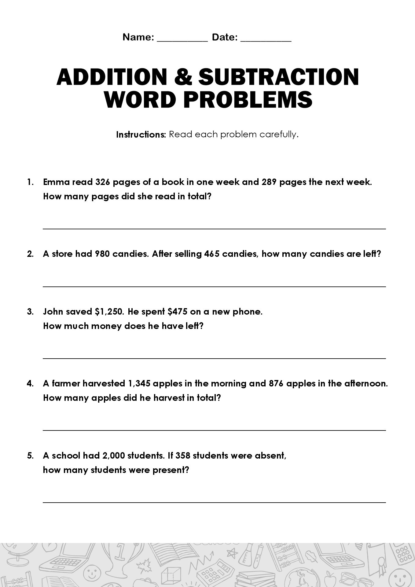 5th Grade Math Word Problems Sheets