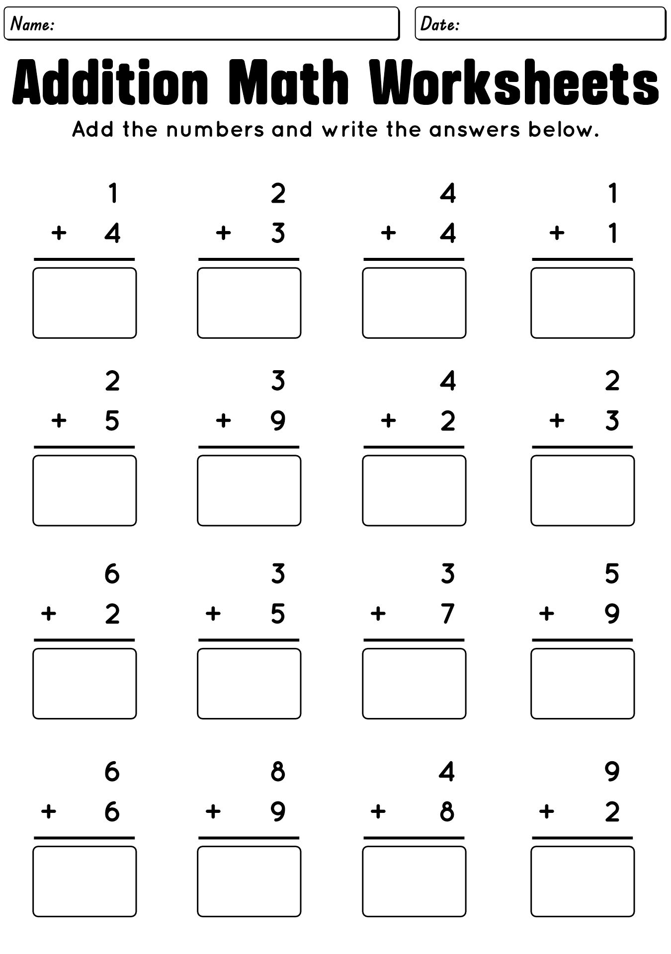 Addition Math Worksheets for 1st Graders