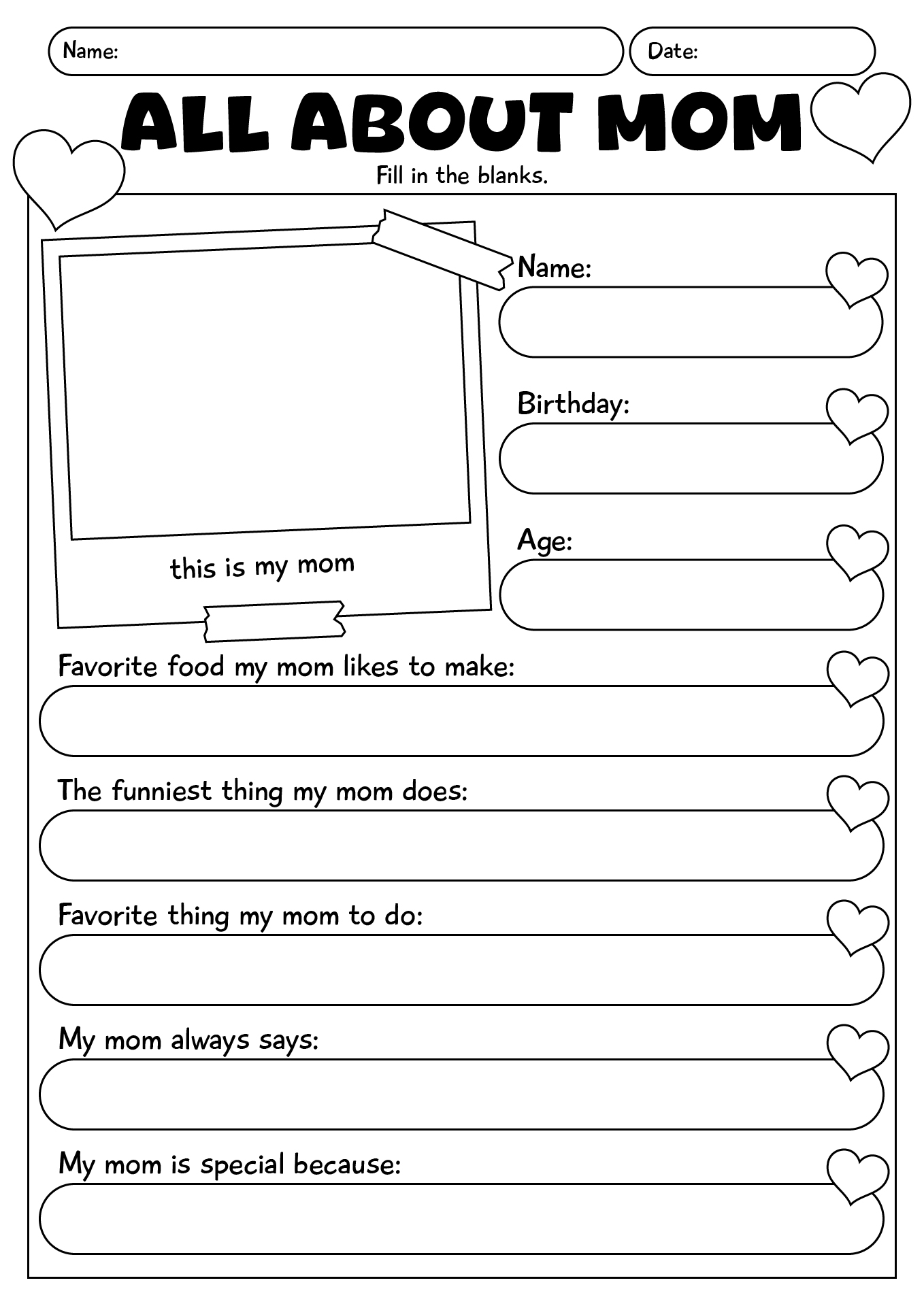 All About My Mom Printable Worksheet