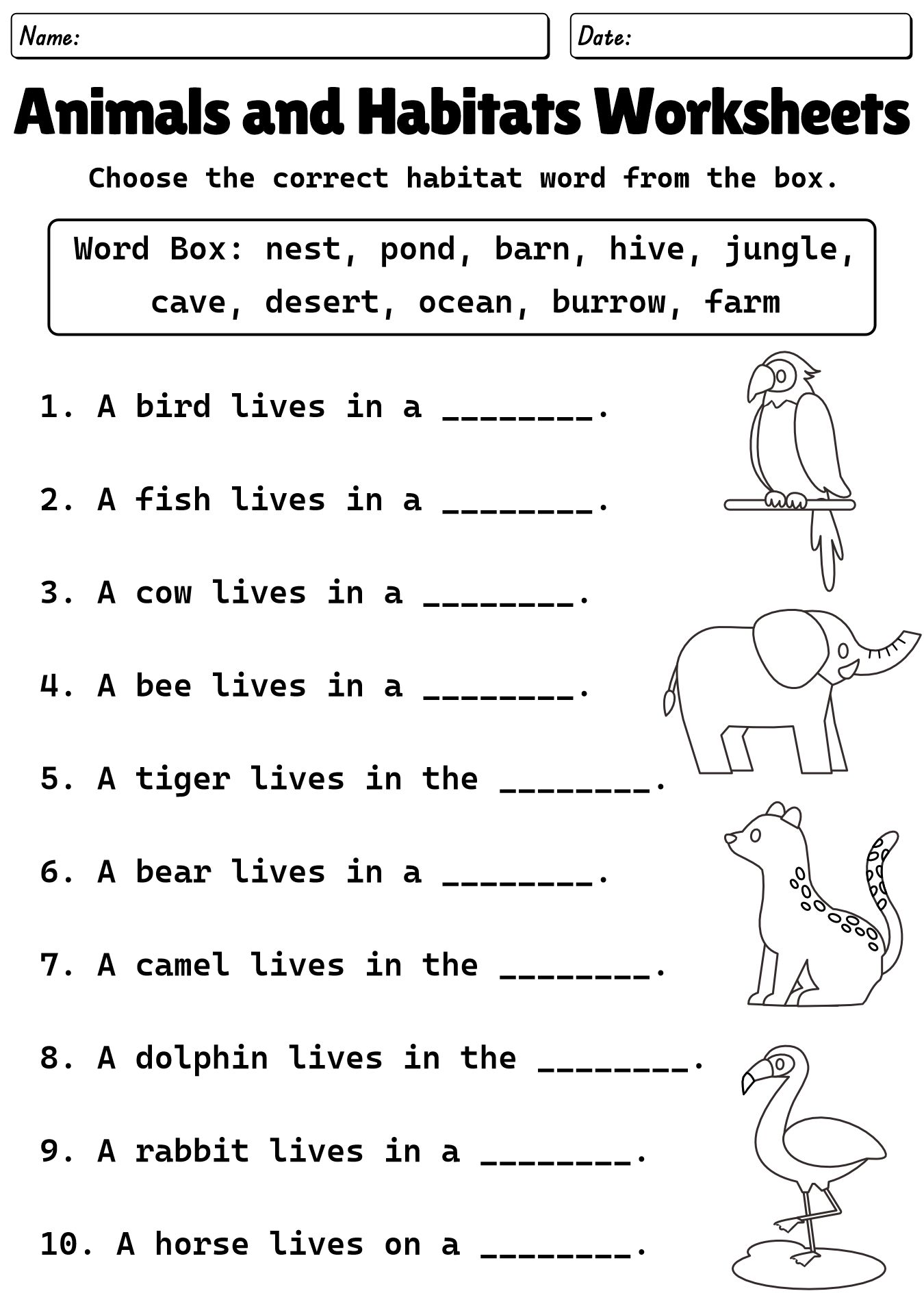 Animals and Habitats Worksheets for First Graders