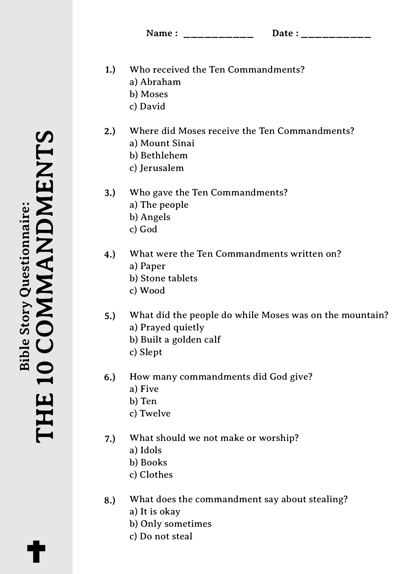 Bible Story 10 Commandments Questionnaire