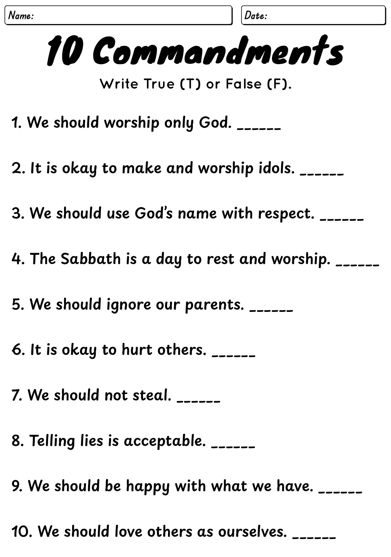 Bible Study 10 Commandments Worksheet