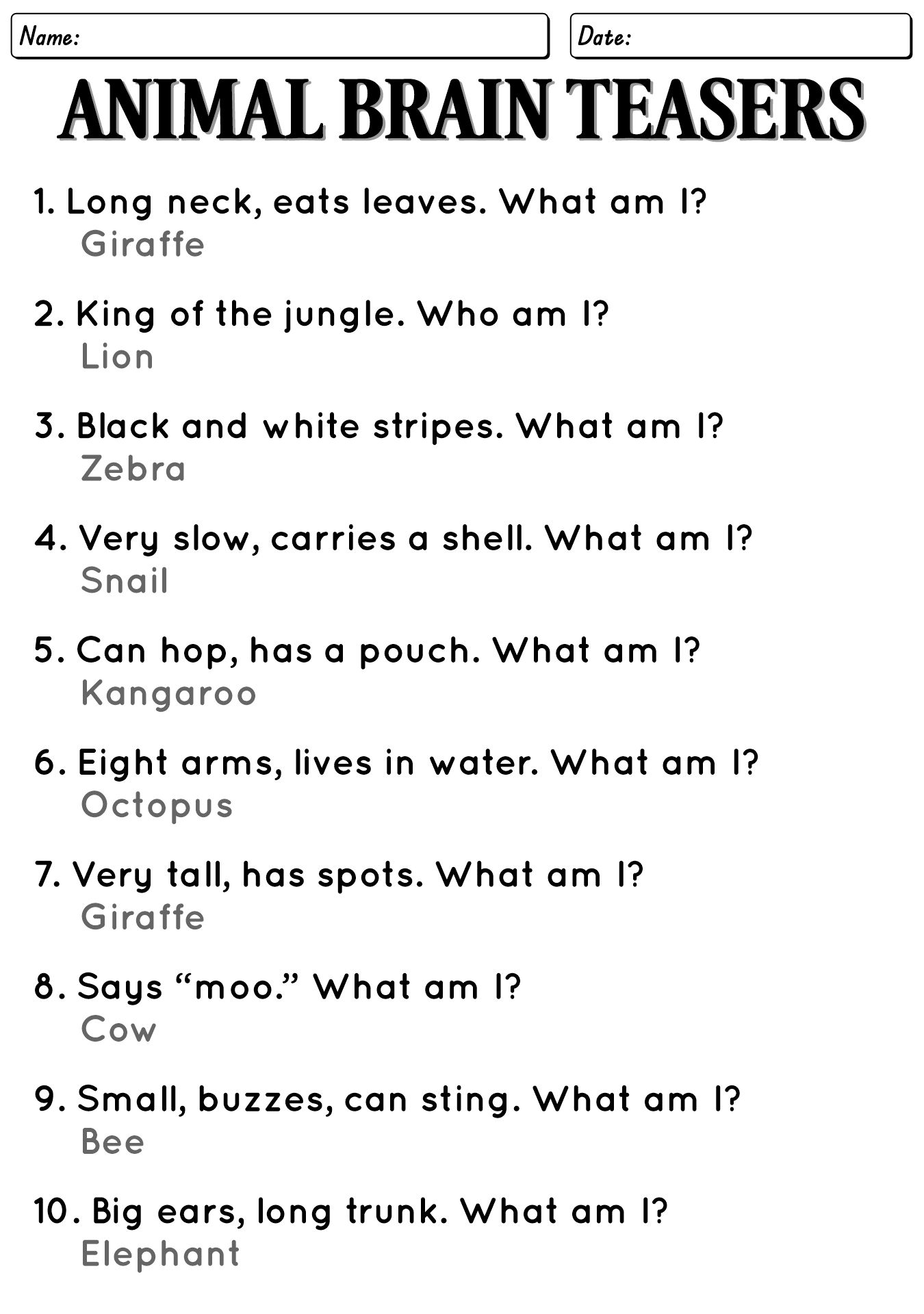 Brain Teaser Question Worksheets with Answers