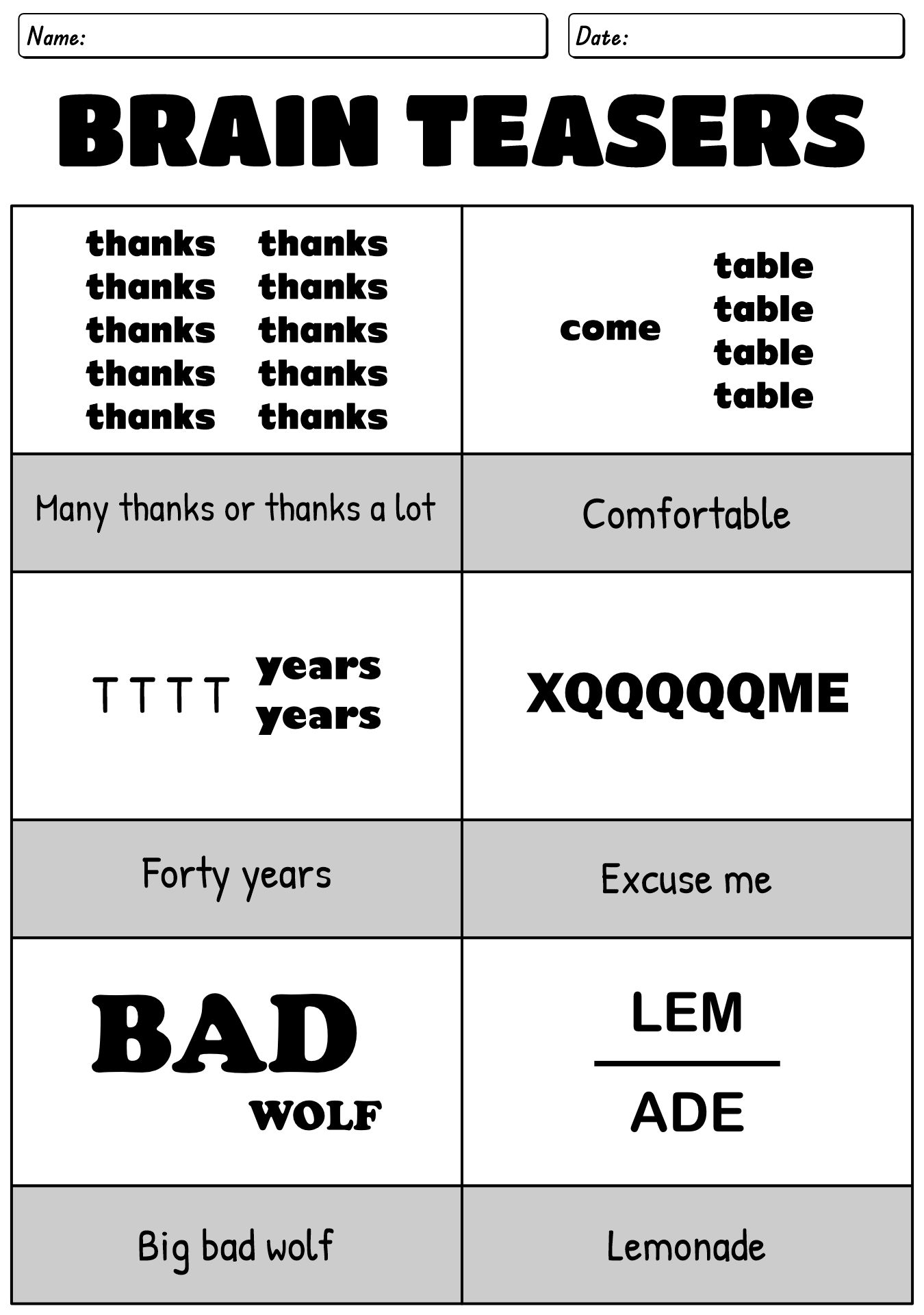 Brain Teaser Rebus Puzzles Worksheets