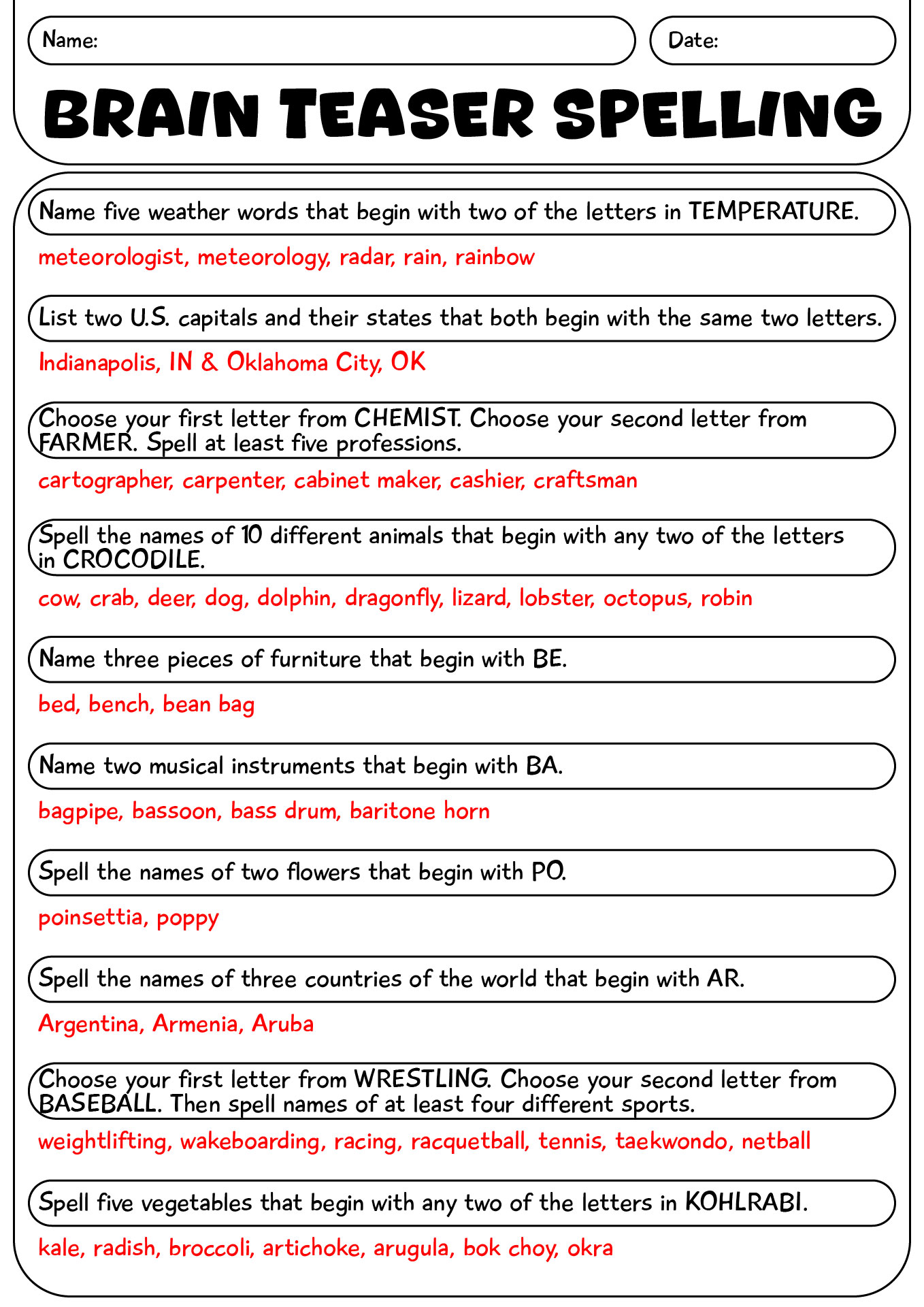 Brain Teaser Worksheets For Spelling With Answer