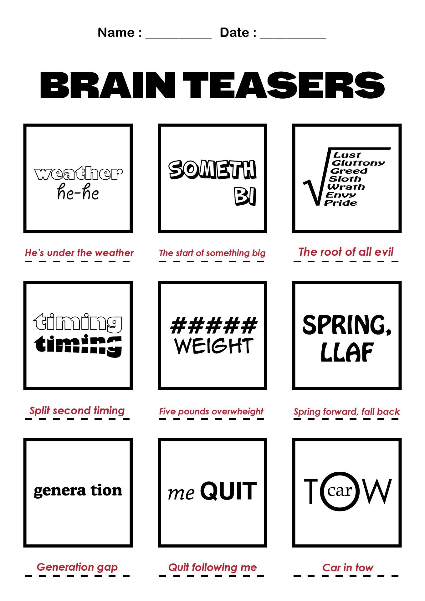 Brain Teasers Puzzles Worksheets with Solutions