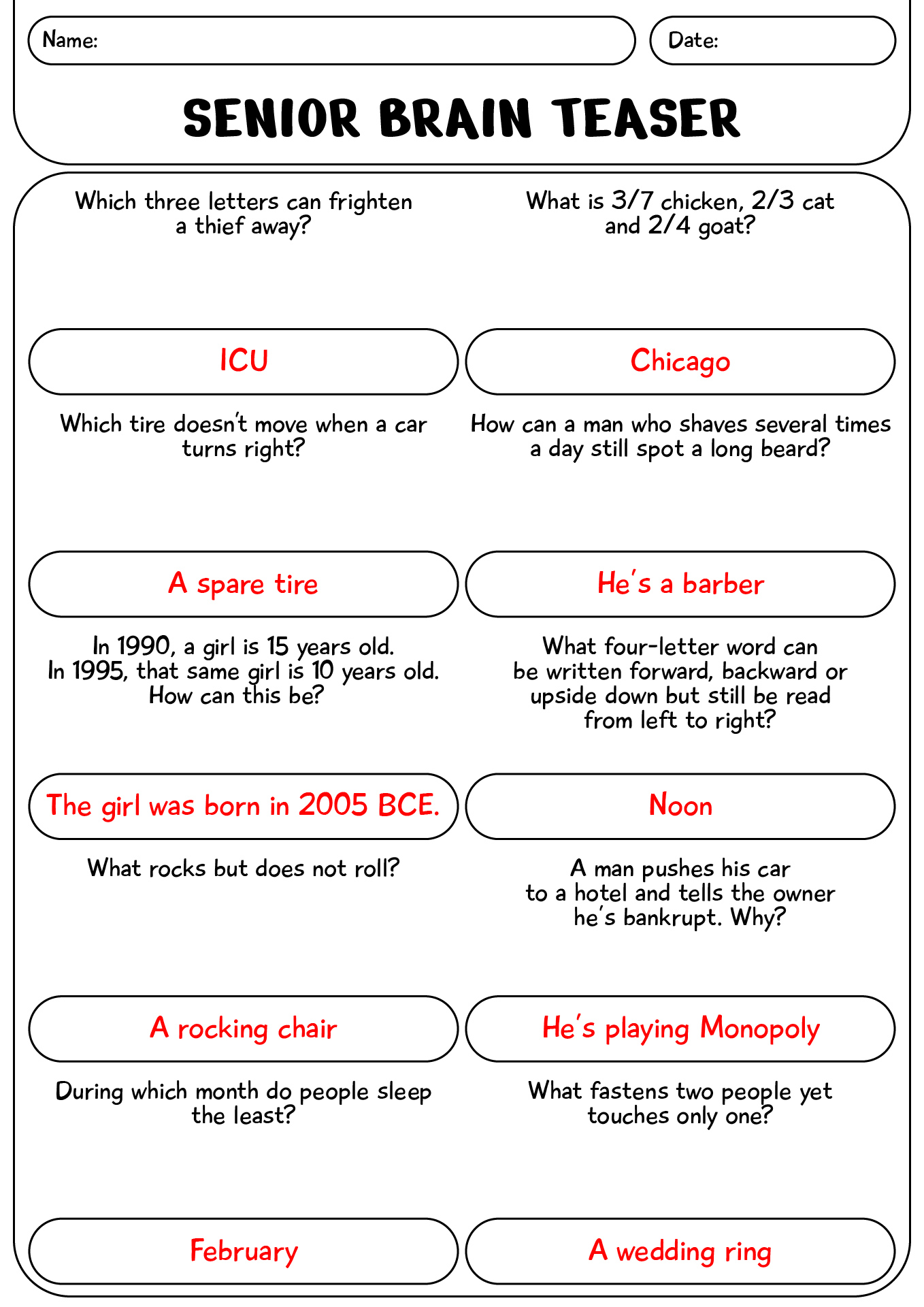 Brain Teasers For Seniors With Answer