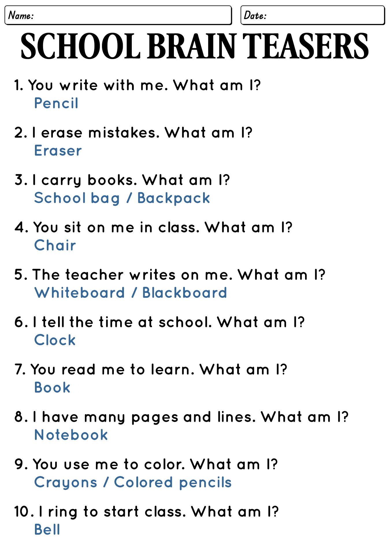 Brain Teasers With Answers Worksheets