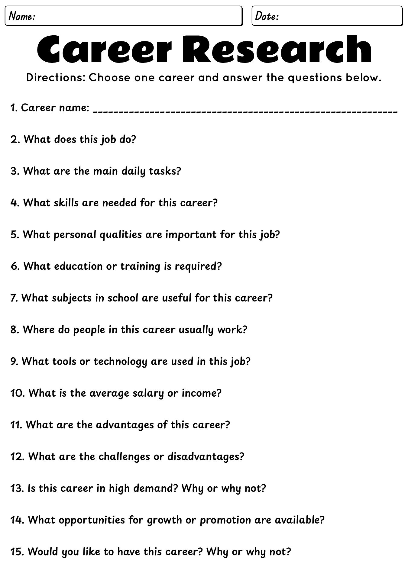 Career Exploration Worksheets for High School Students