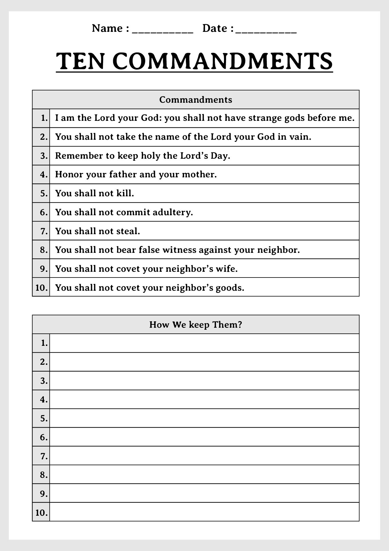 Catholic 10 Commandments Practice Sheets for Children