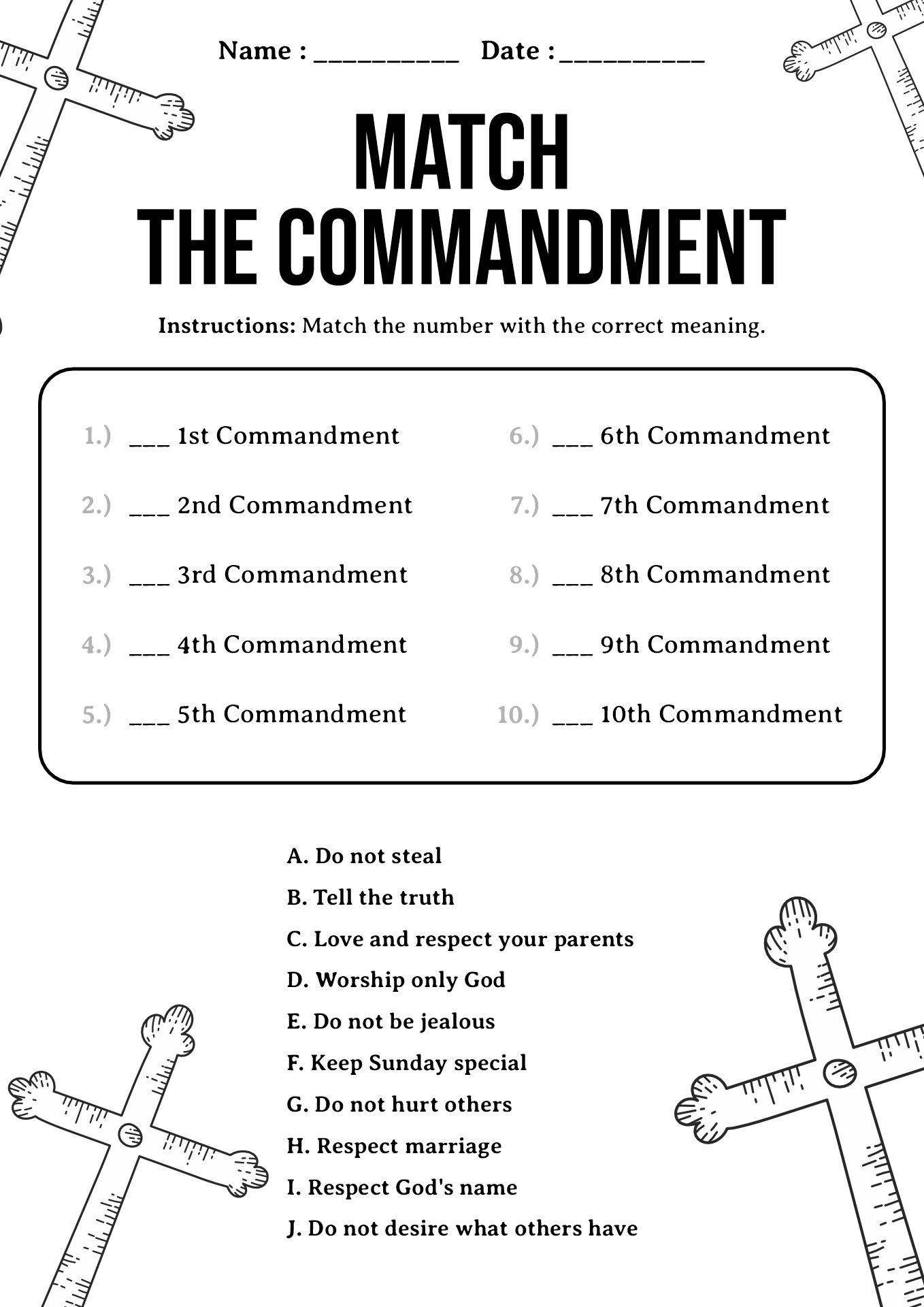 Catholic Ten Commandments Worksheets for Children