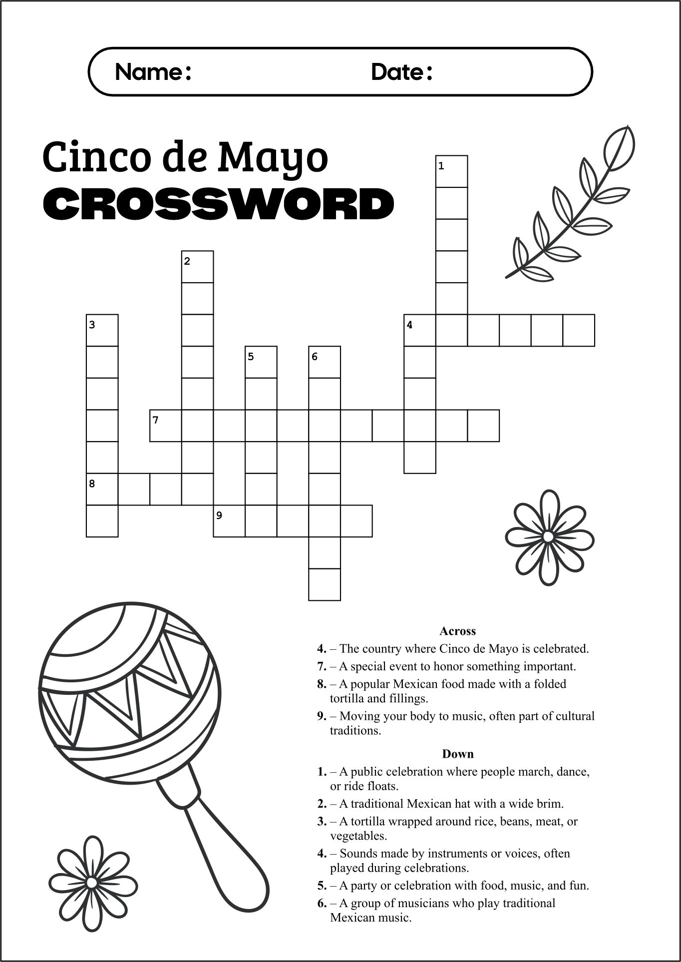 Cinco De Mayo Crossword Puzzles for Elementary
