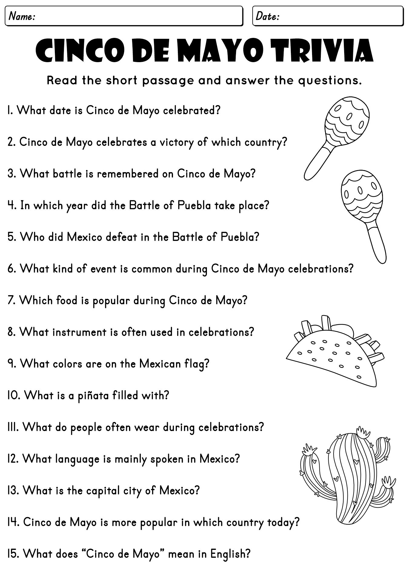 Cinco de Mayo Educational Quiz Sheets