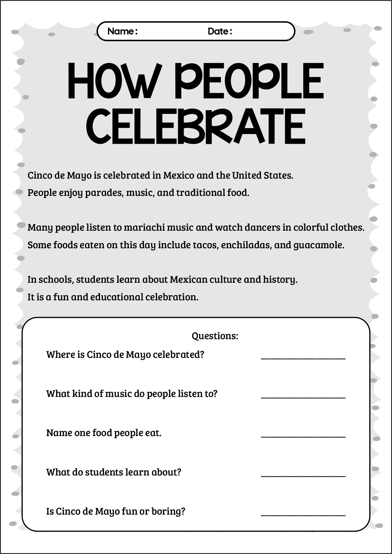 Cinco de Mayo History Reading Comprehension Worksheets