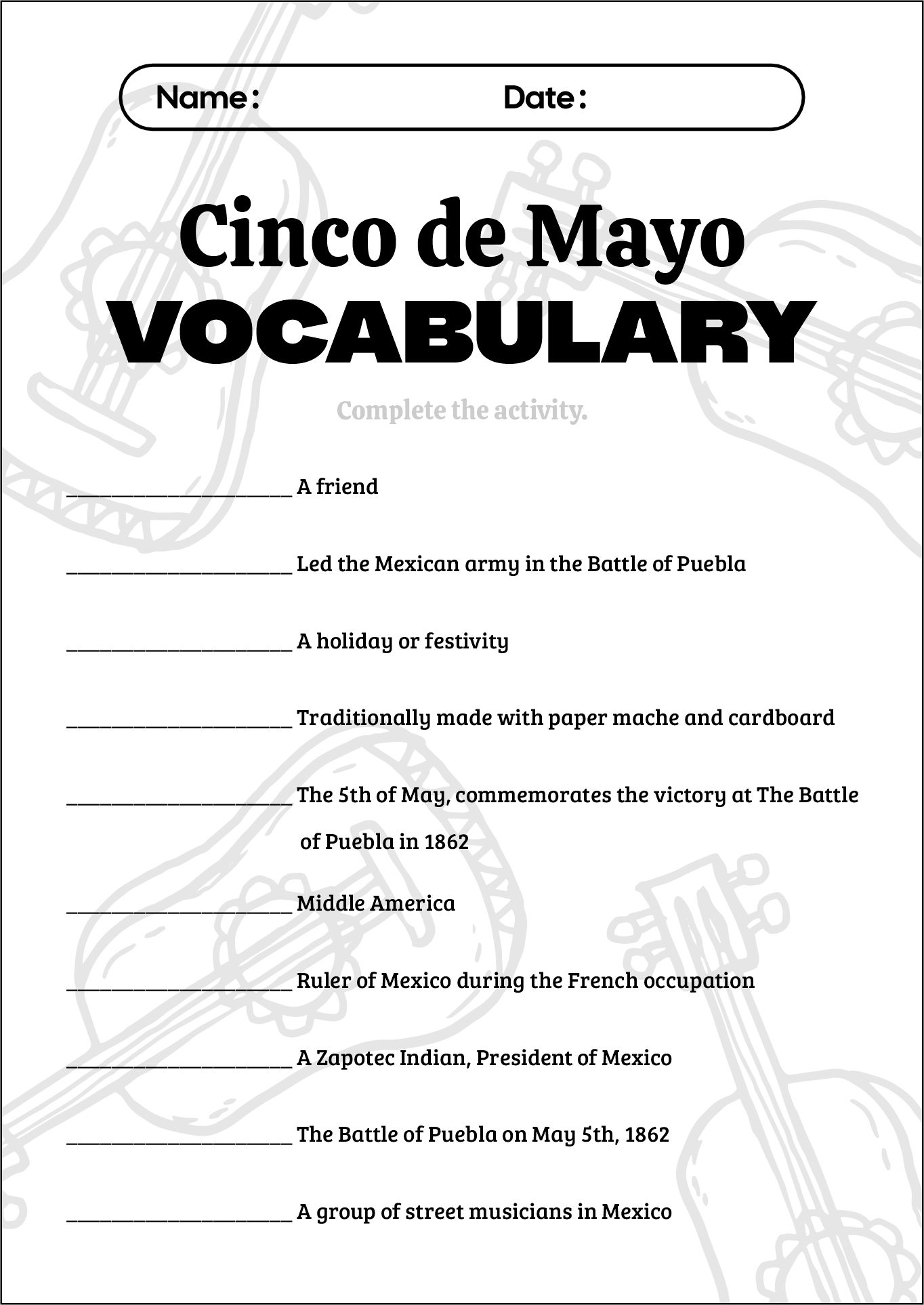 Cinco De Mayo History Worksheets for Middle School