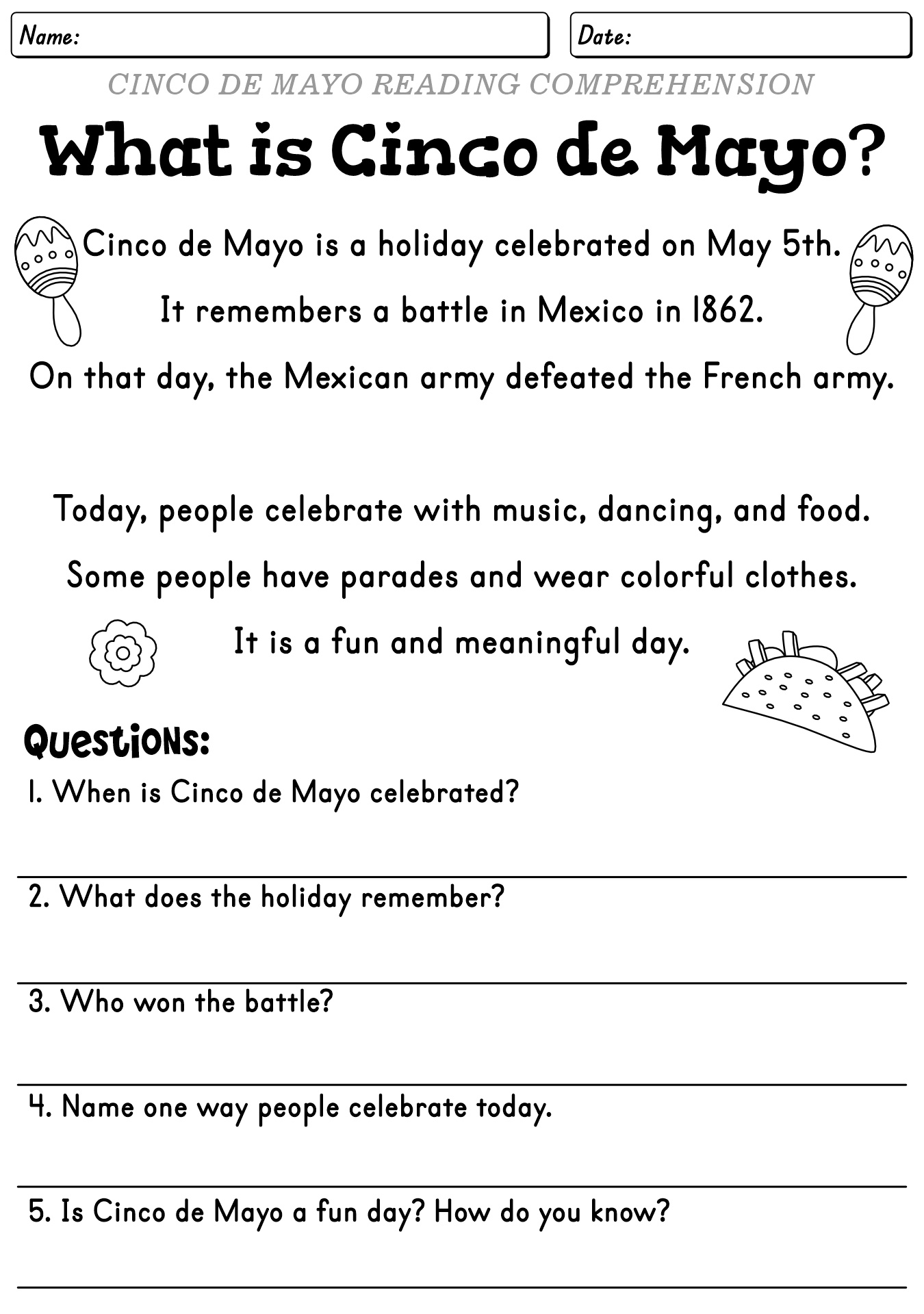 Cinco De Mayo Reading Activities For Second Grade