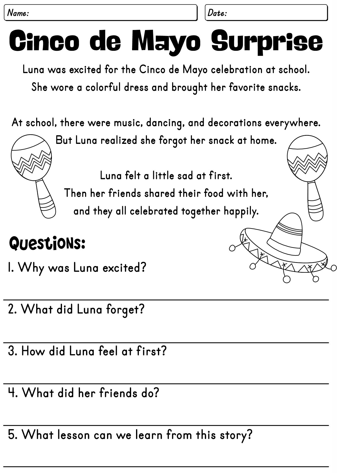 Cinco De Mayo Reading Comprehension Worksheet