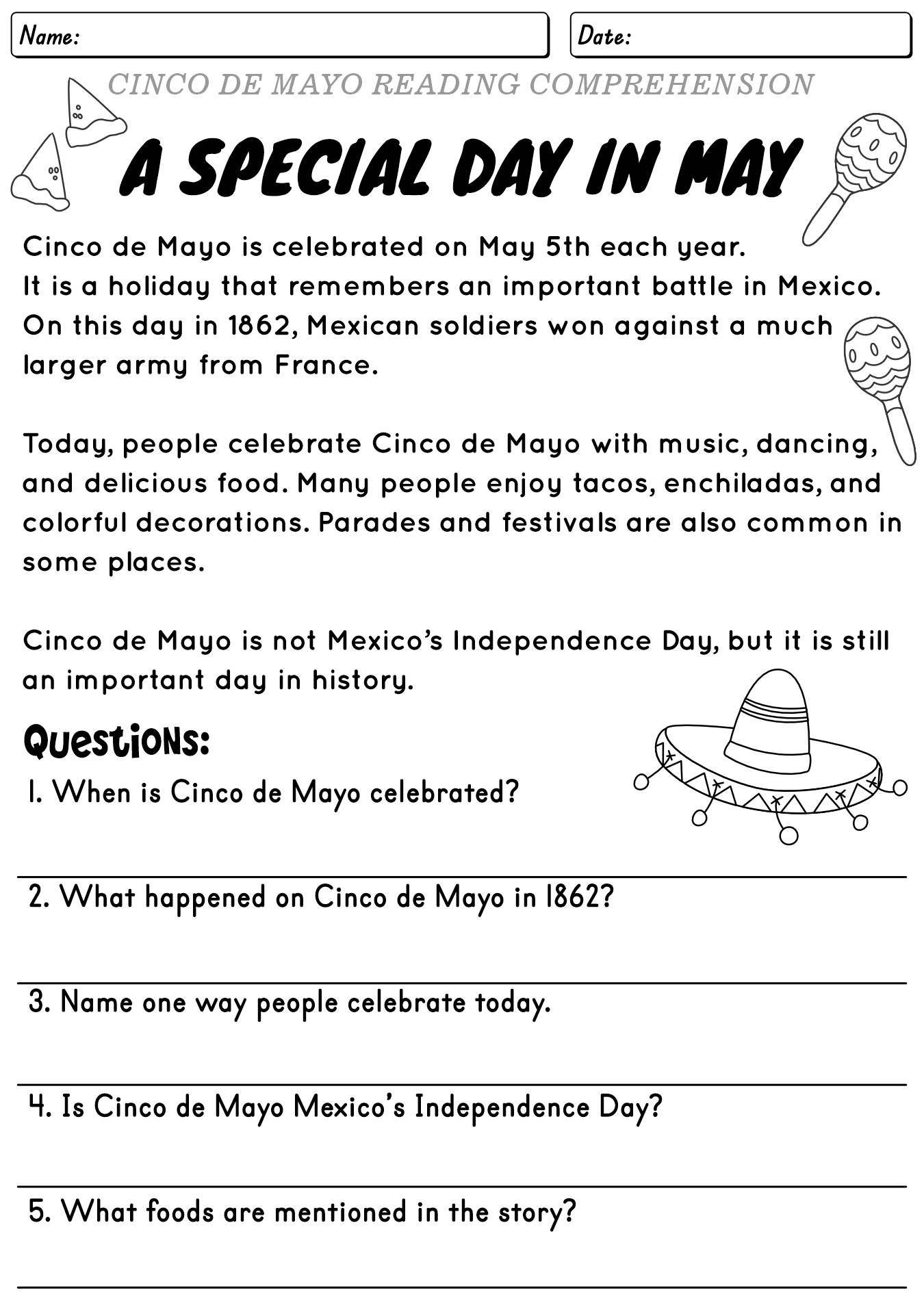 Cinco De Mayo Reading Comprehension Worksheets