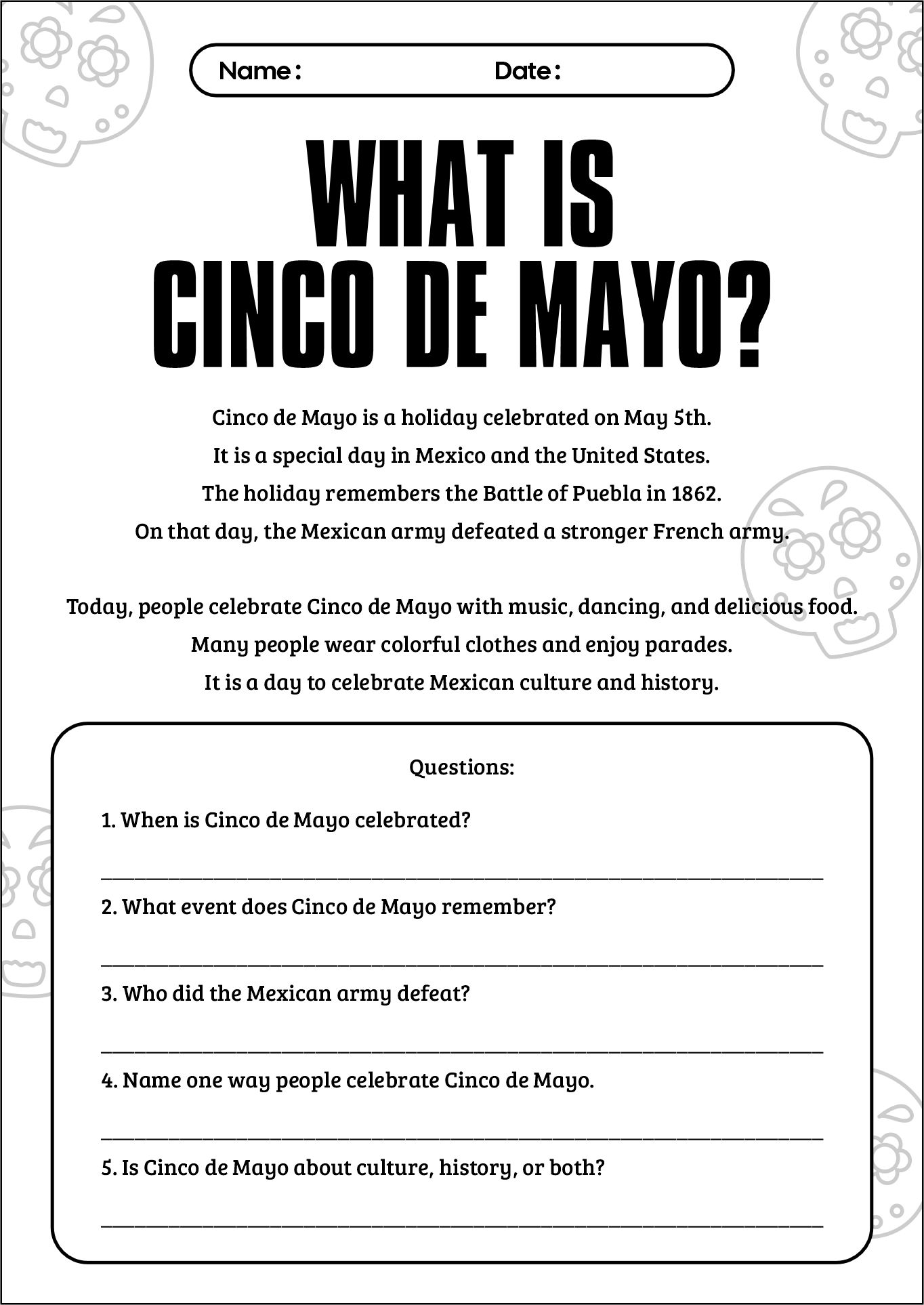 Cinco De Mayo Reading Comprehension Worksheets
