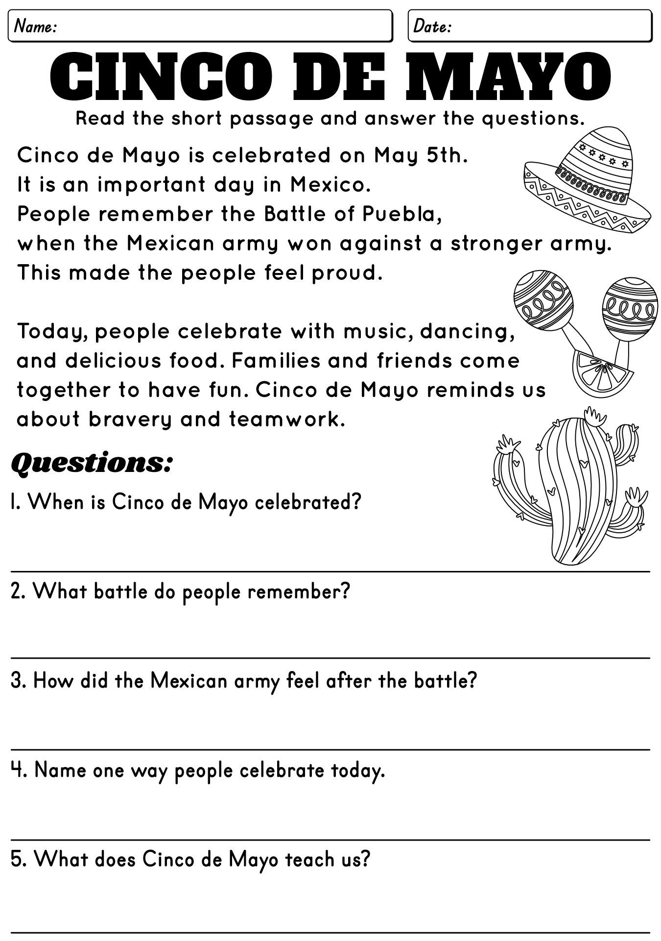 Cinco De Mayo Reading Practice Sheet