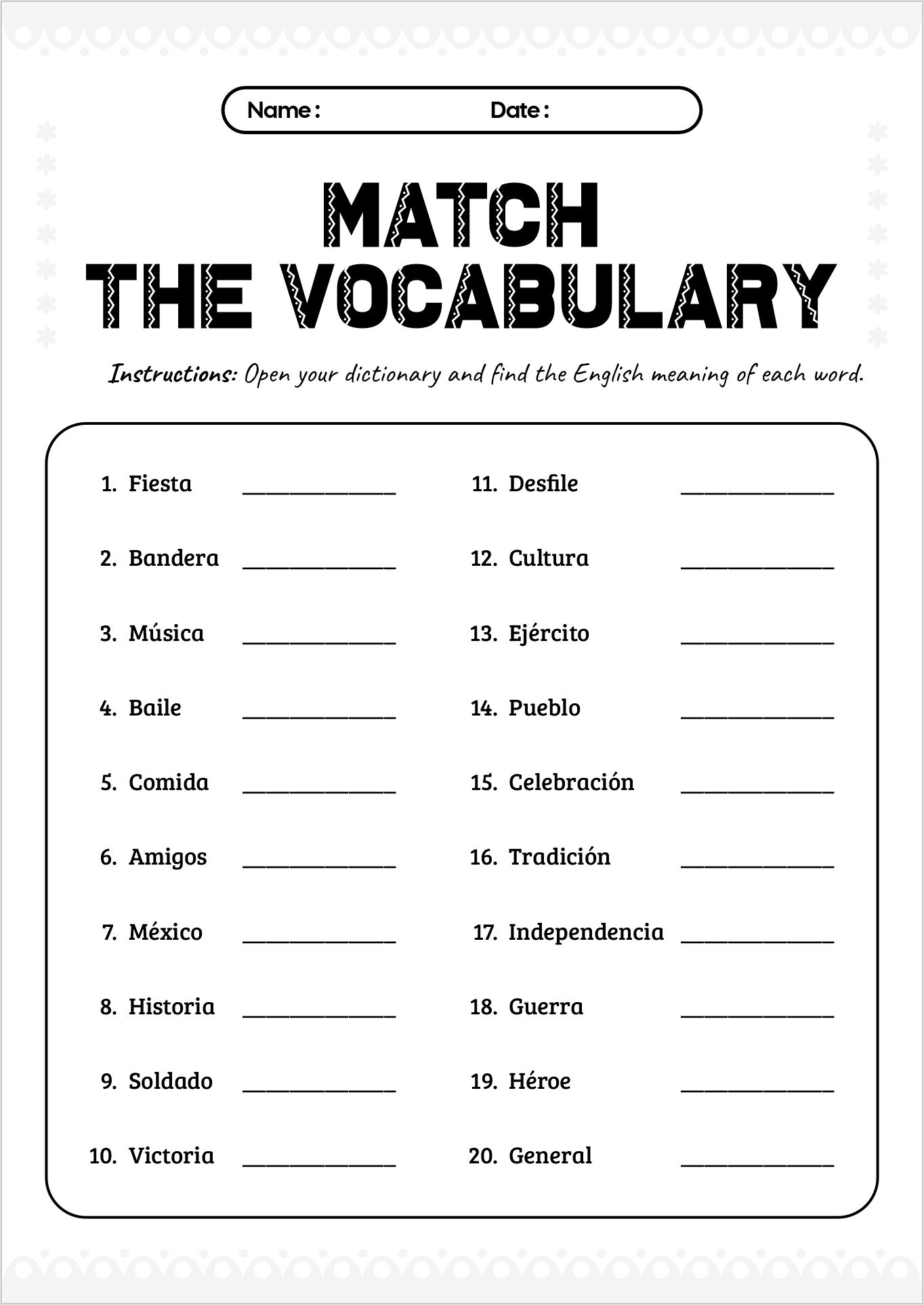 Cinco De Mayo Spanish Vocabulary Sheets