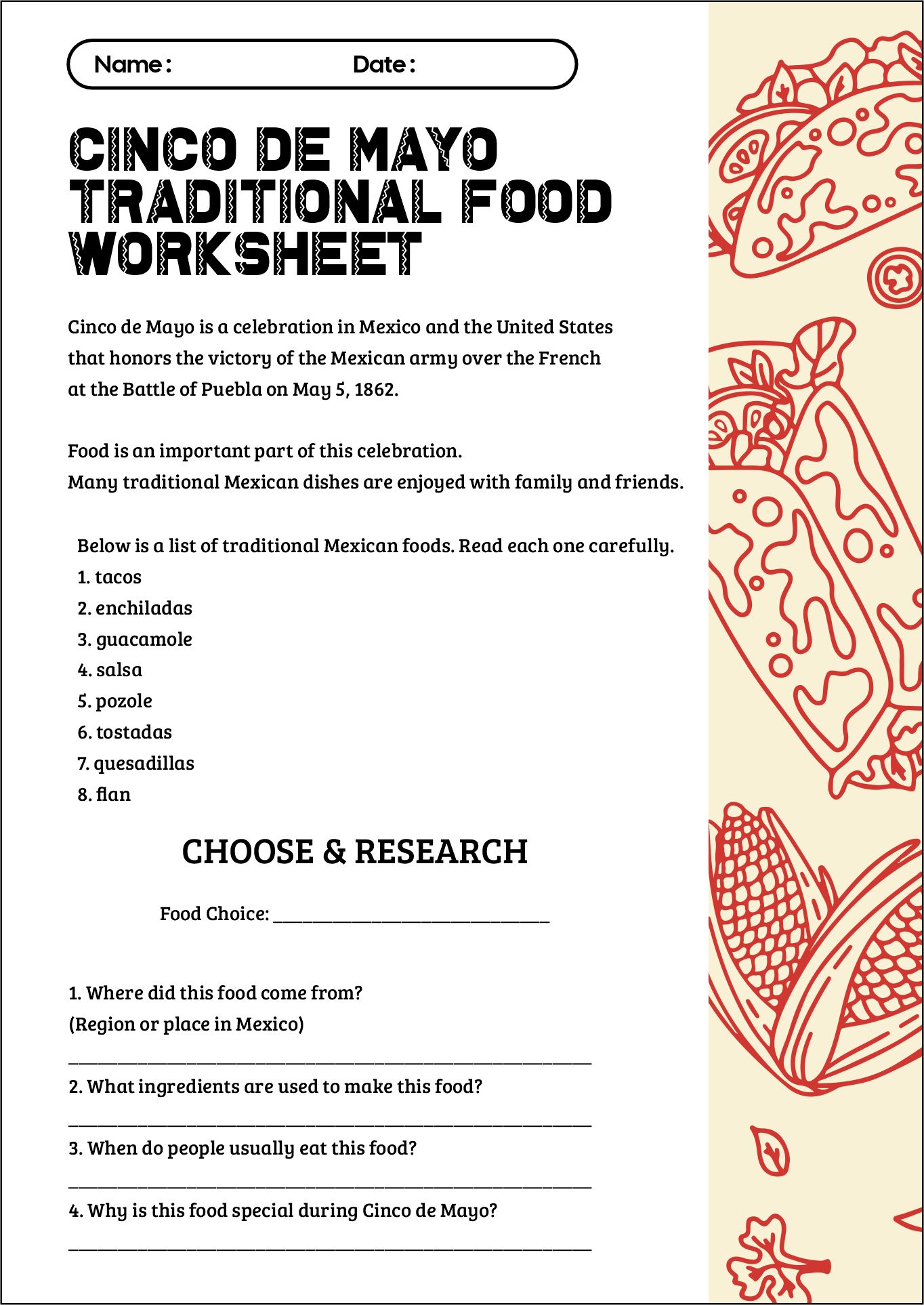 Cinco De Mayo Traditional Food Worksheets