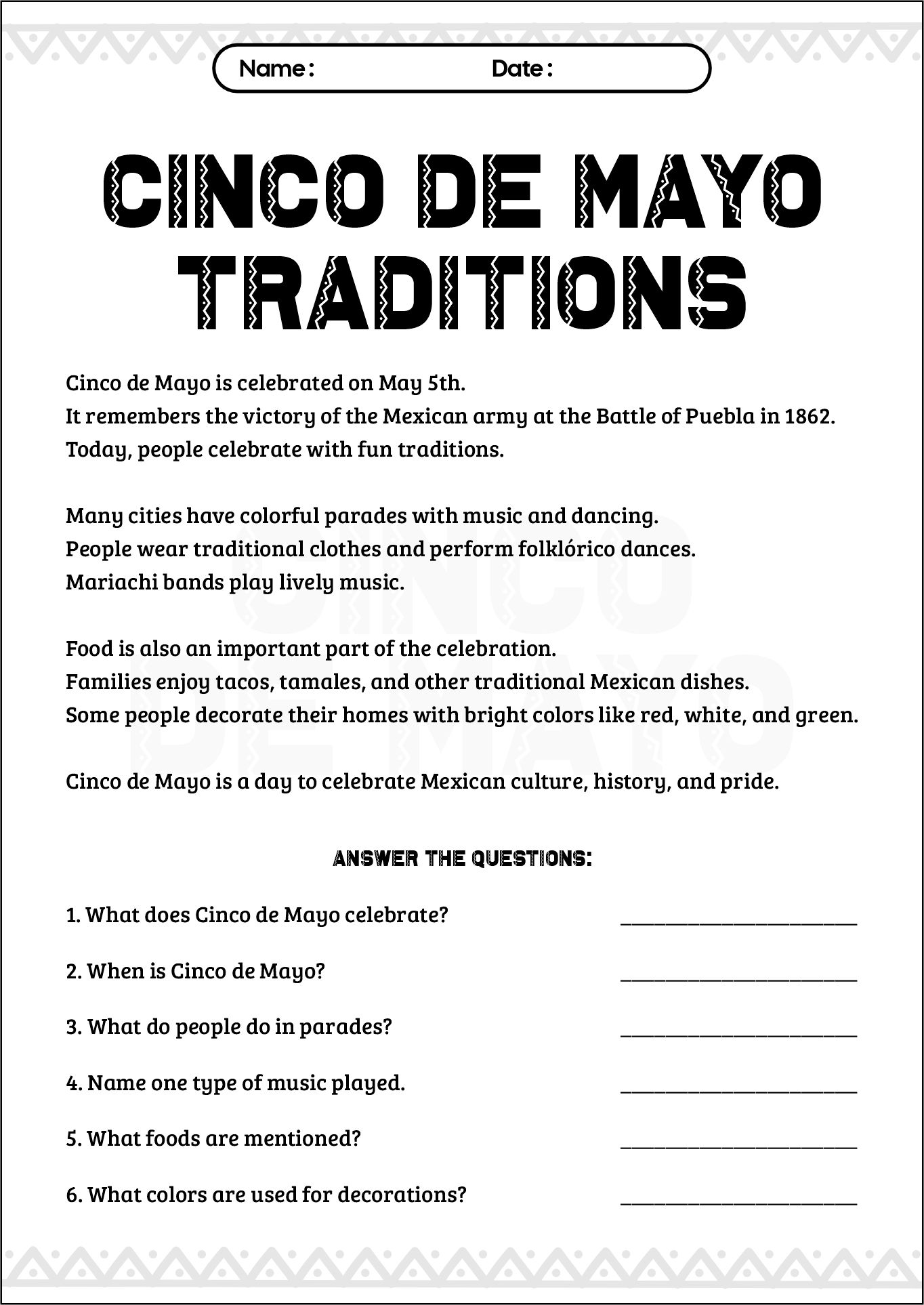 Cinco de Mayo Traditions Reading Activities