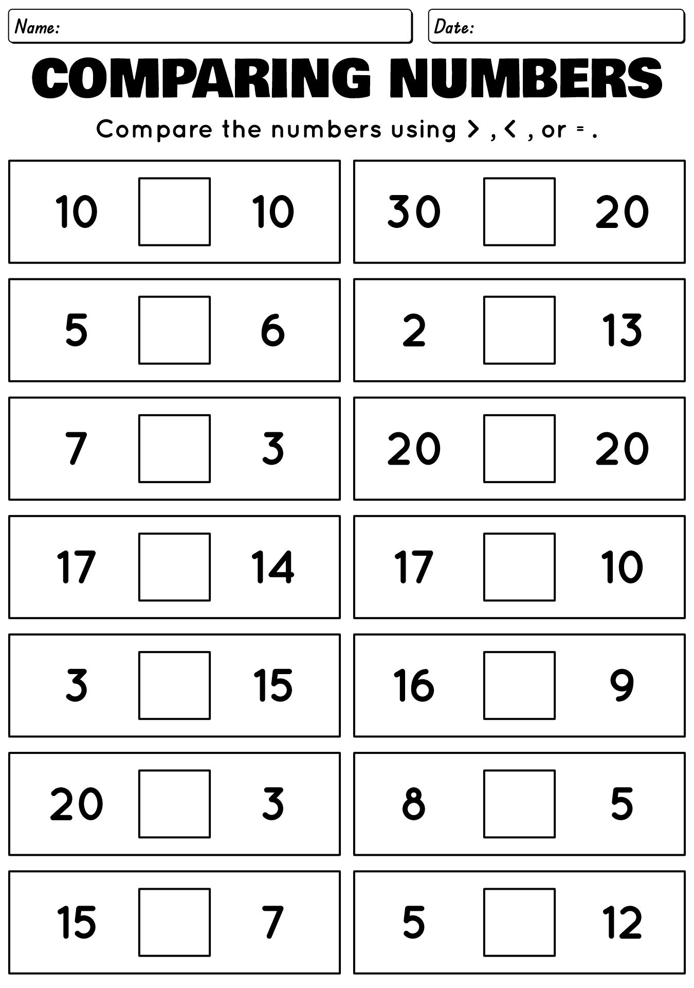 Comparing Numbers Math Worksheets for 1st Graders