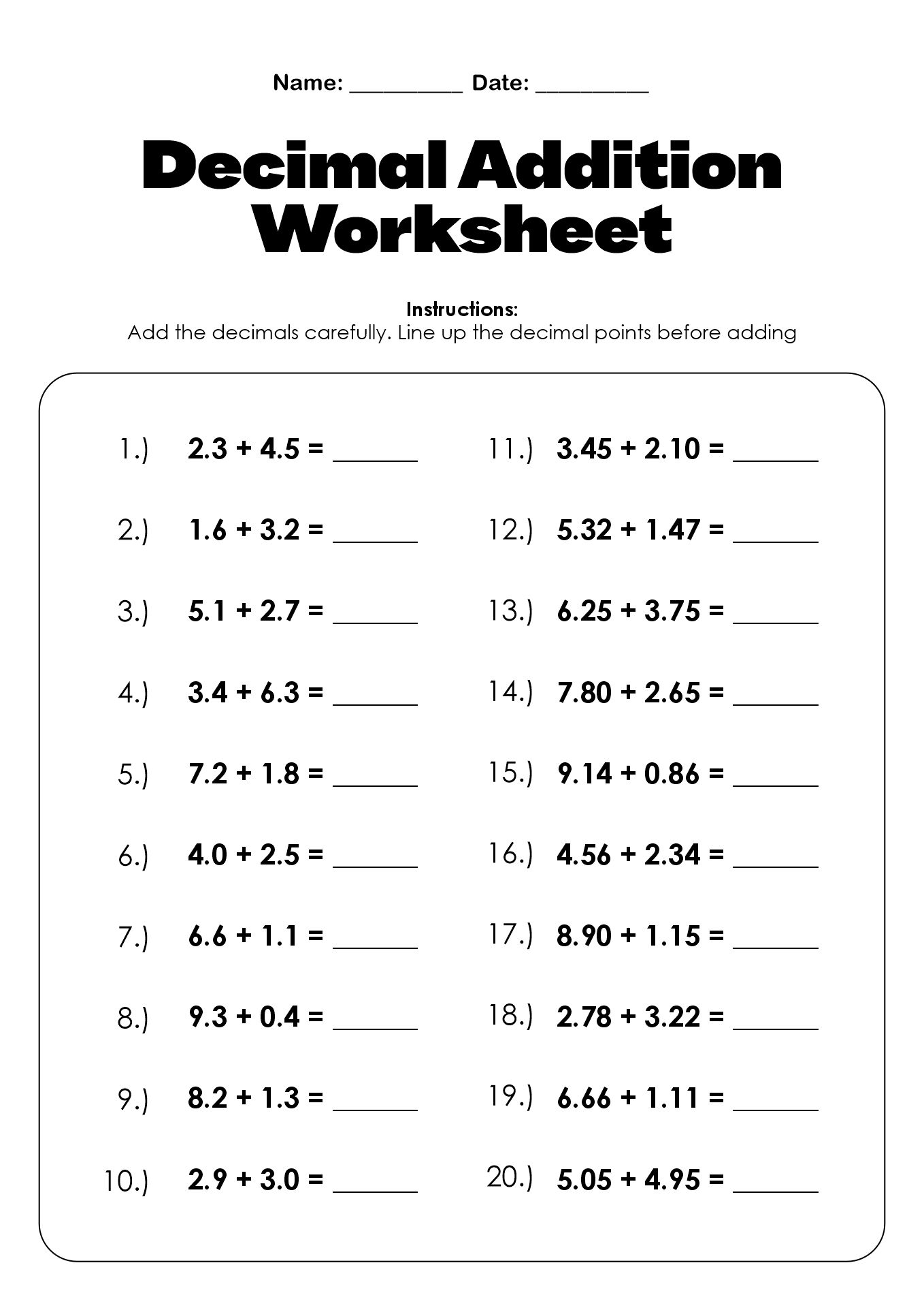 Decimal Addition Worksheets for 5th Graders