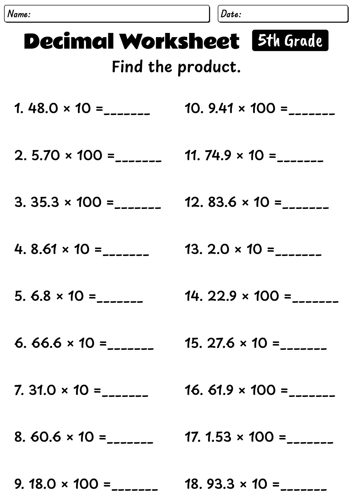 Decimal Exercises for 5th Grade Math Practice