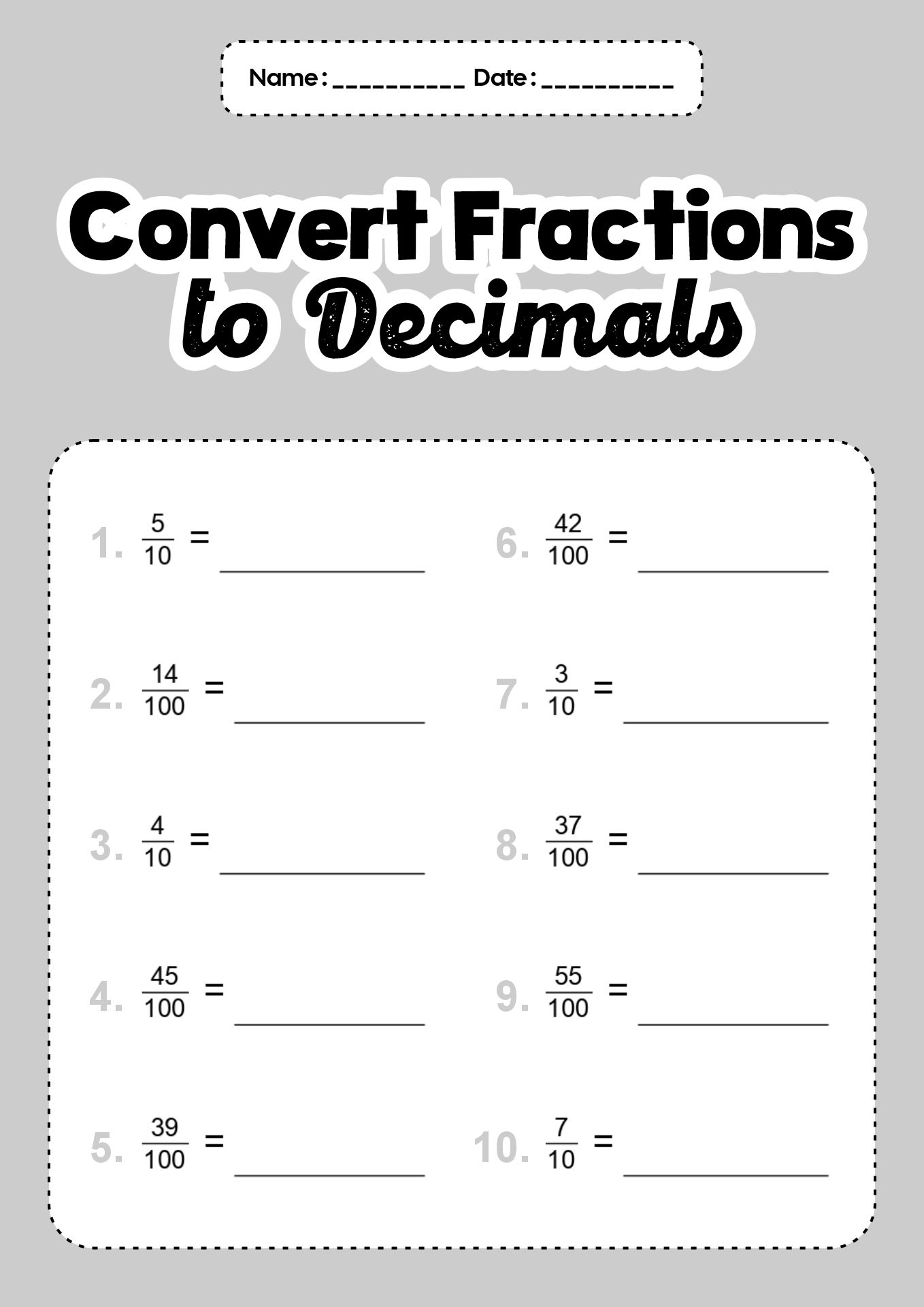 Decimals Practice Sheets for 5th Grade